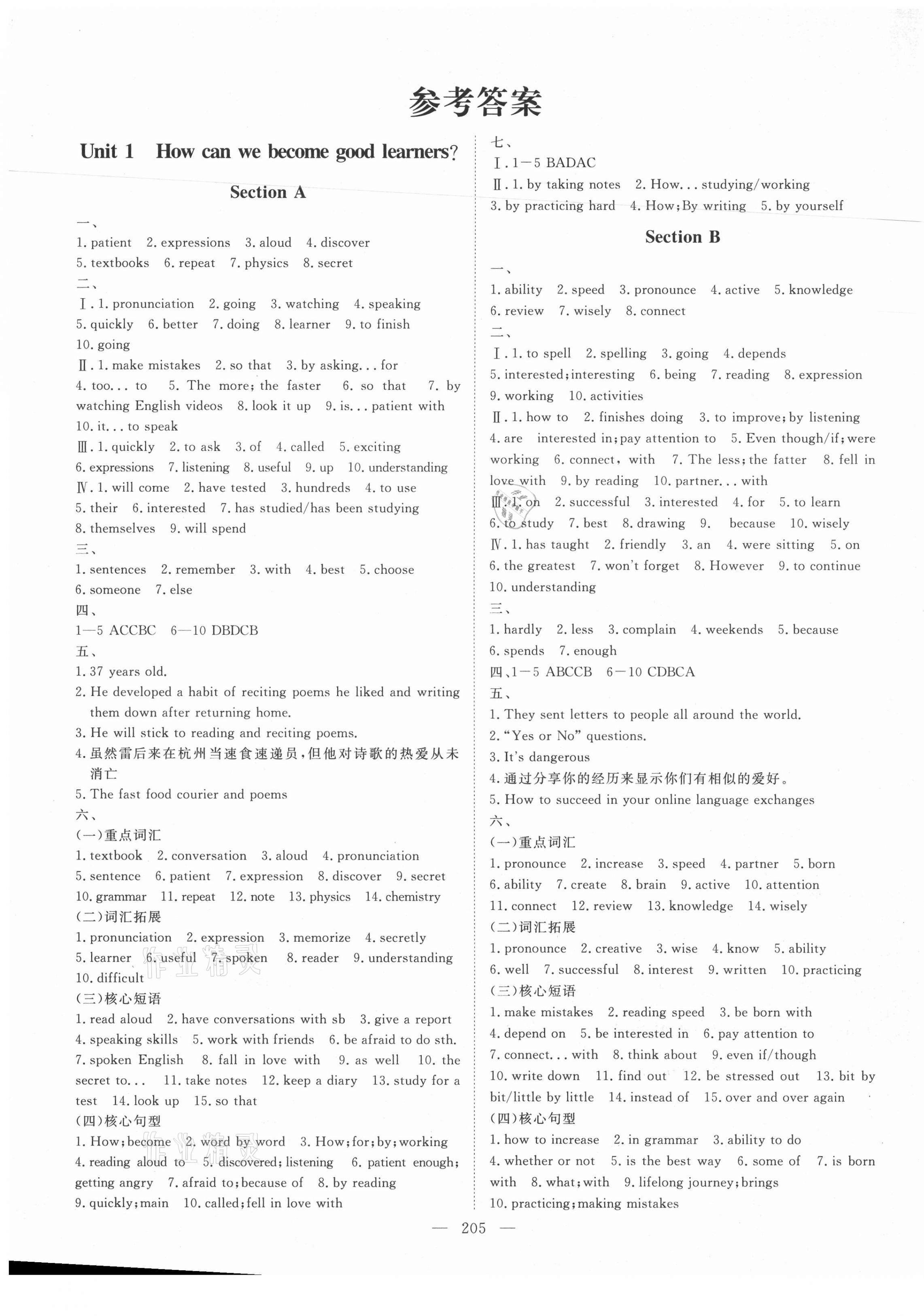 2021年練考風向標九年級英語全一冊人教版濟寧專版 參考答案第1頁
