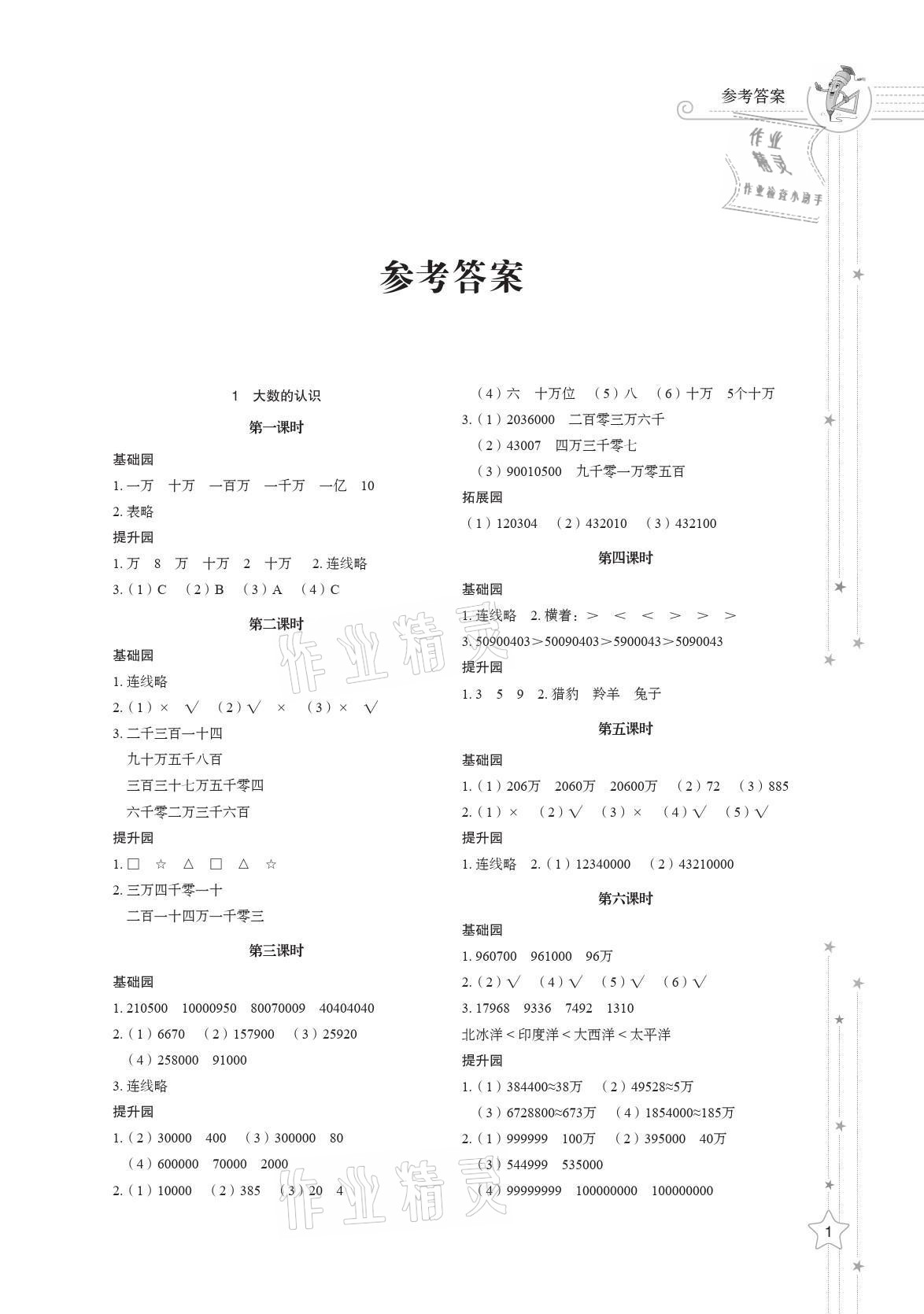 2021年同步練習(xí)冊(cè)山東教育出版社四年級(jí)數(shù)學(xué)上冊(cè)人教版 參考答案第1頁(yè)