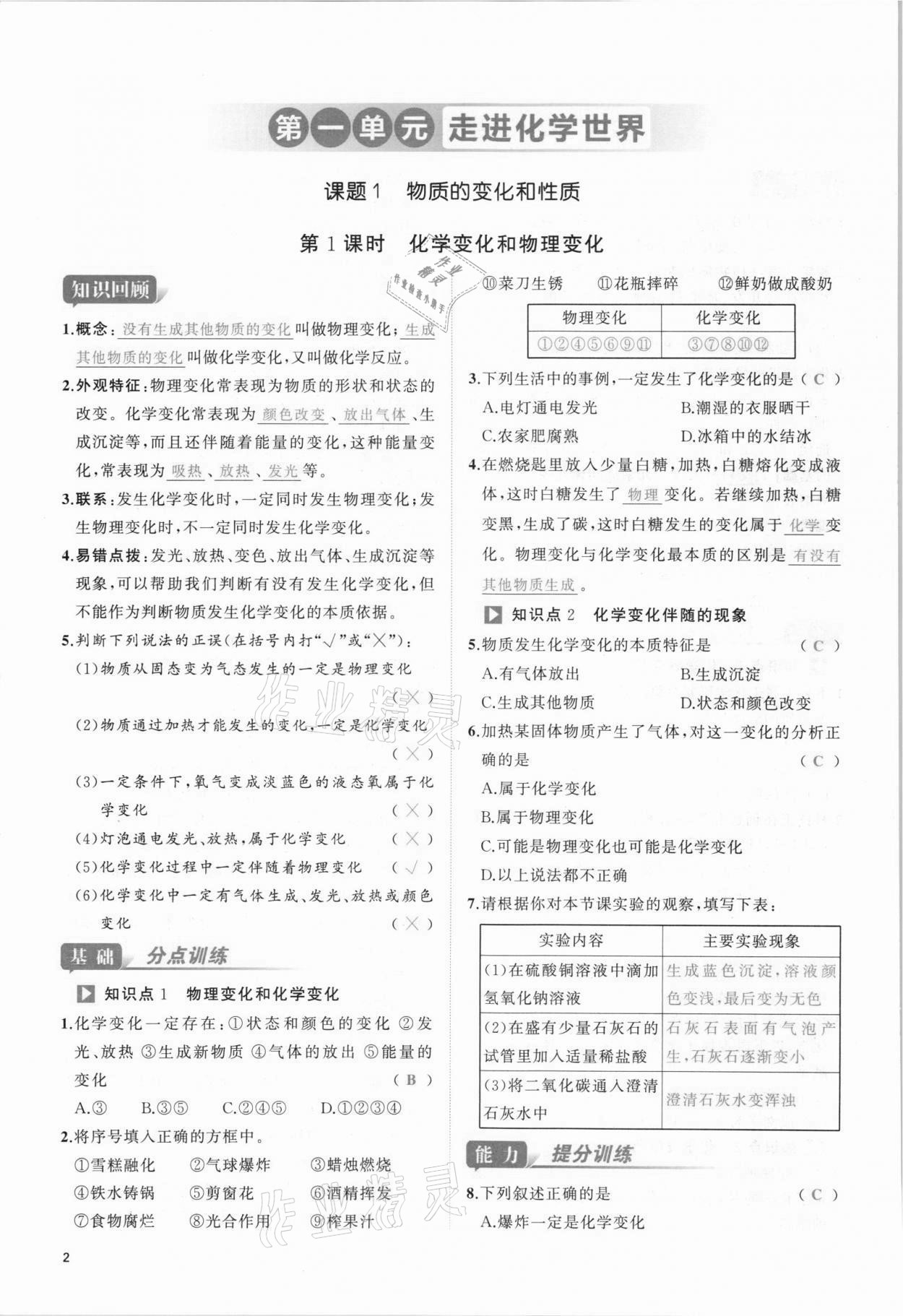 2021年我的作業(yè)九年級化學(xué)上冊人教版 參考答案第2頁