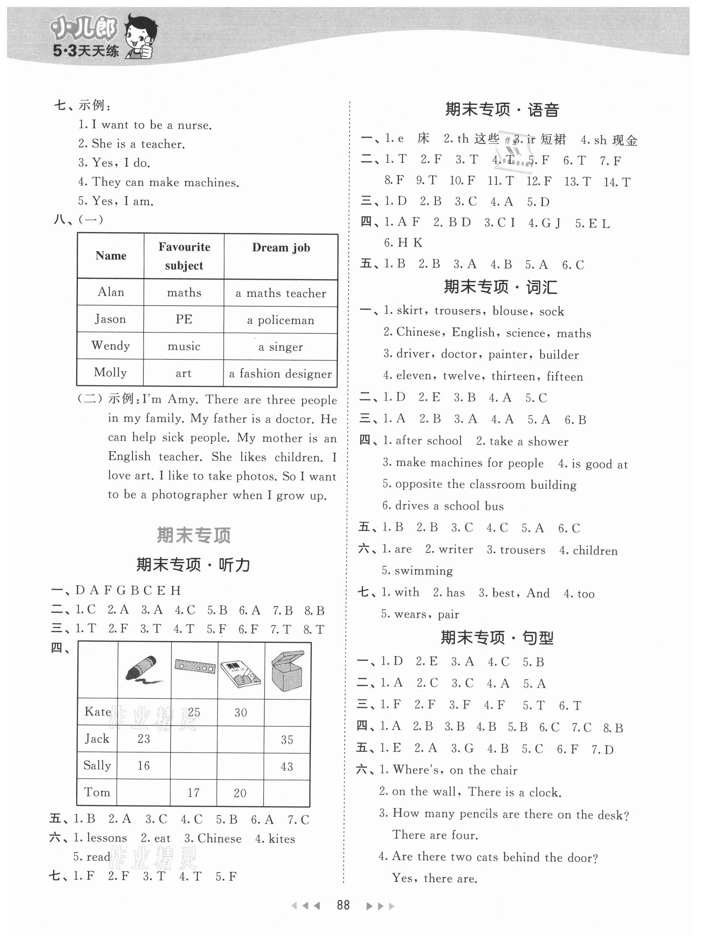 2021年53天天練四年級英語上冊教科版廣州專版 參考答案第4頁