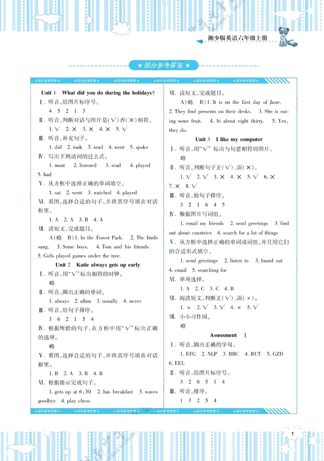 2021年同步實(shí)踐評(píng)價(jià)課程基礎(chǔ)訓(xùn)練六年級(jí)英語上冊(cè)湘少版湖南少年兒童出版社 參考答案第1頁