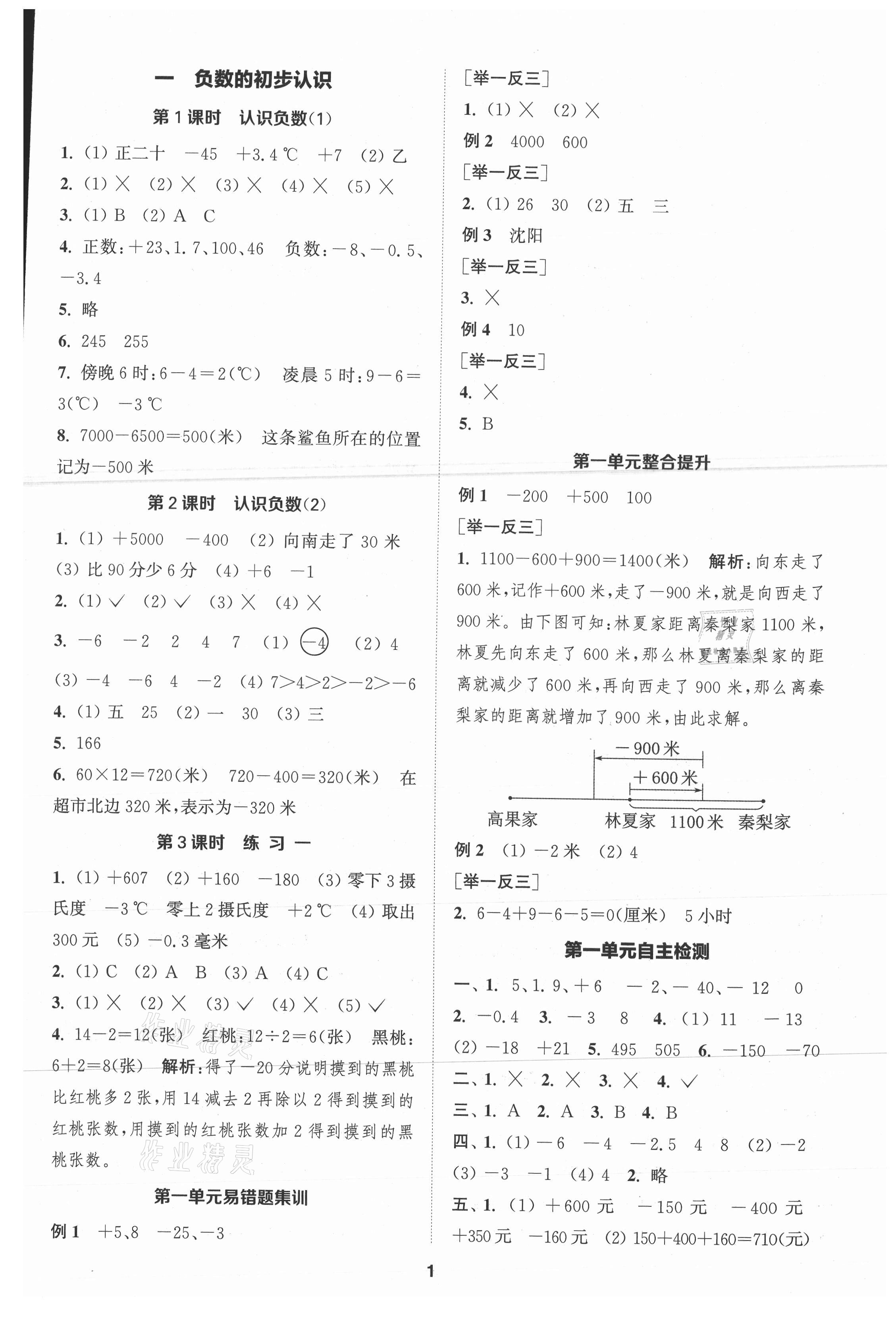 2021年金钥匙1加1课时作业五年级数学上册江苏版 参考答案第1页