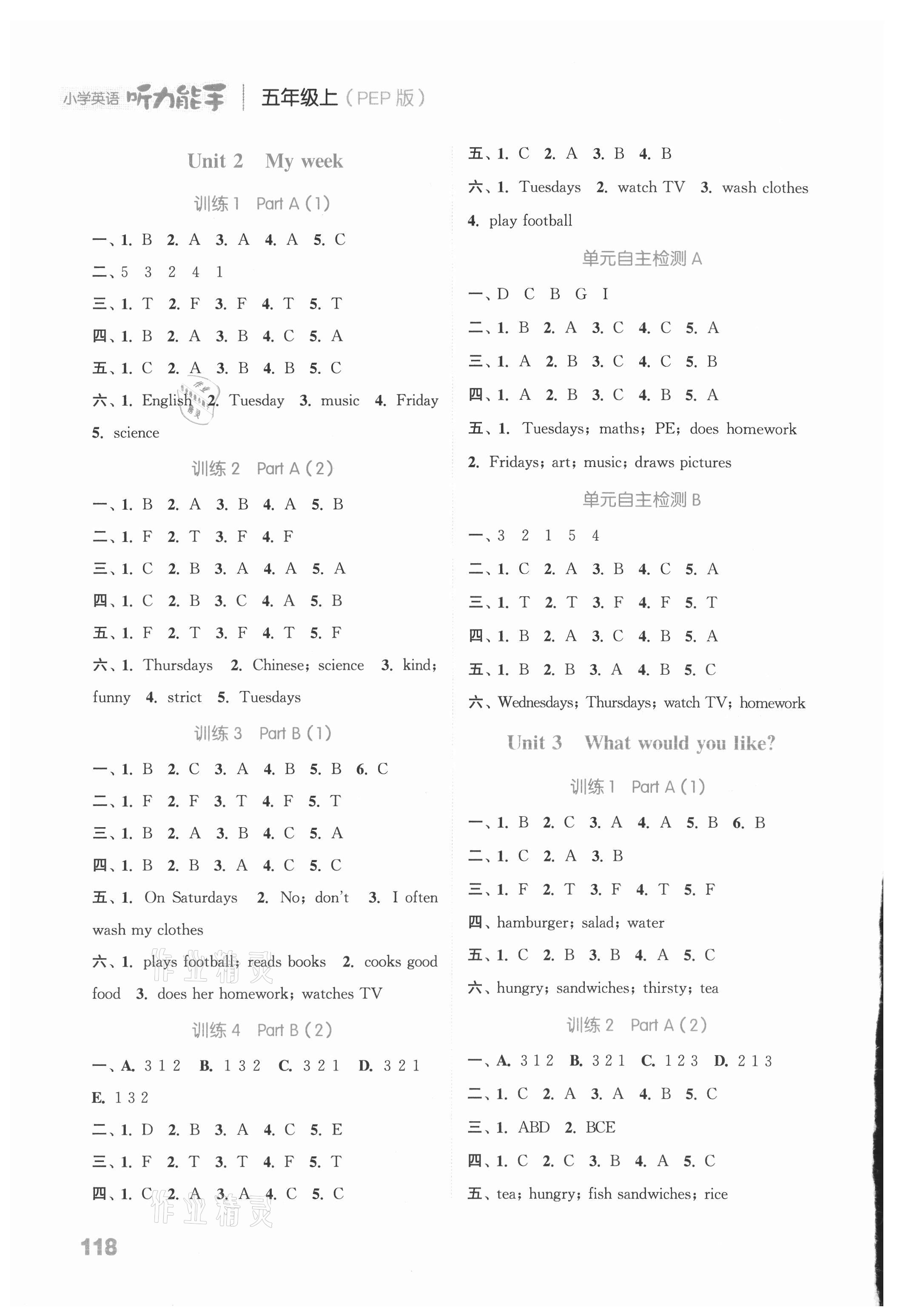 2021年通城学典小学英语听力能手五年级上册人教PEP版 参考答案第2页