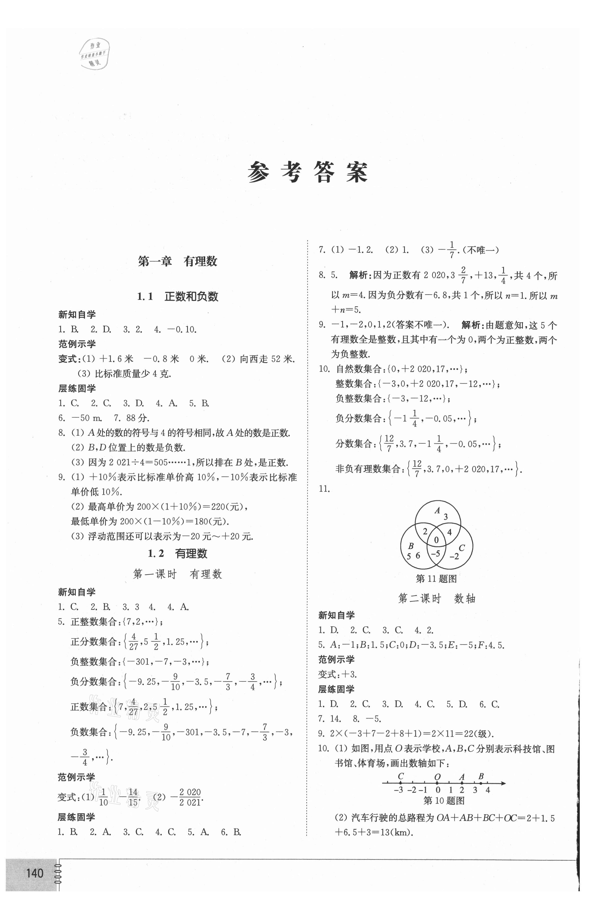 2021年初中同步練習(xí)冊(cè)七年級(jí)數(shù)學(xué)上冊(cè)人教版山東教育出版社 參考答案第1頁