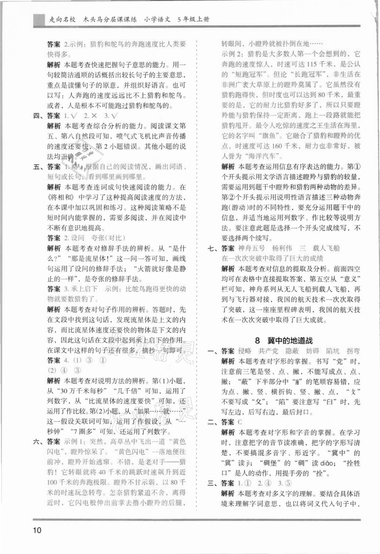 2021年木頭馬分層課課練五年級語文上冊人教版浙江專版 參考答案第10頁