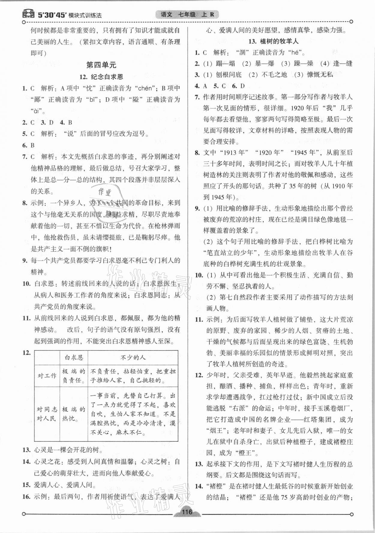 2021年模塊式訓(xùn)練法七年級語文上冊人教版 參考答案第7頁