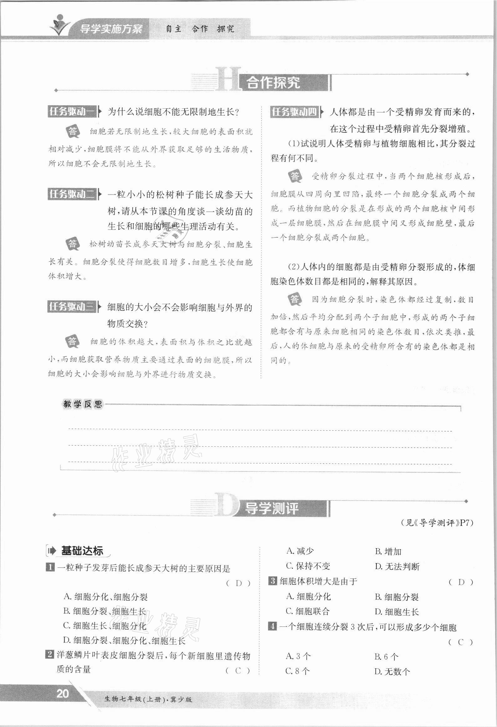 2021年金太陽導(dǎo)學(xué)案七年級生物上冊冀少版 參考答案第20頁