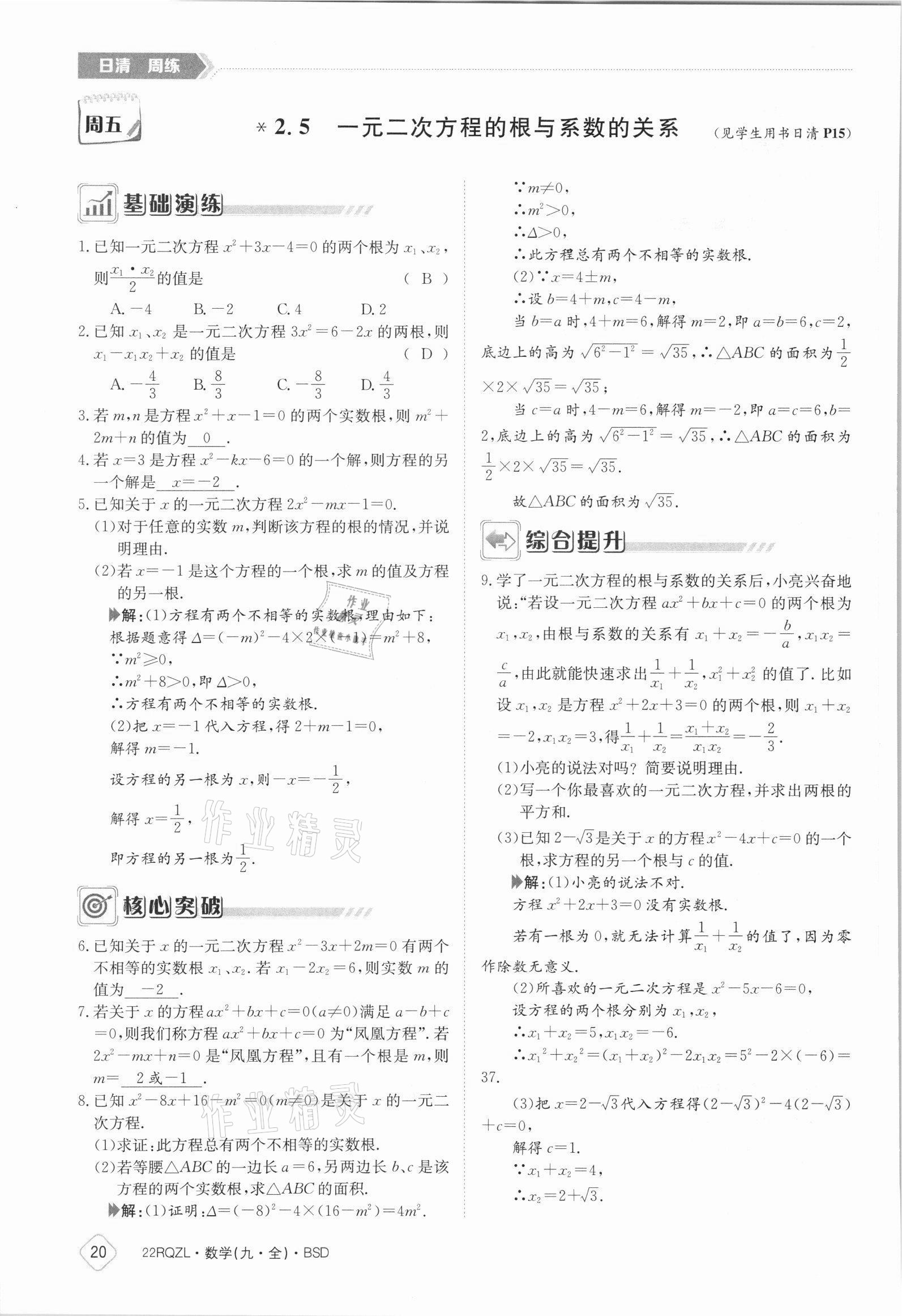 2021年日清周練九年級(jí)數(shù)學(xué)全一冊北師大版 參考答案第20頁