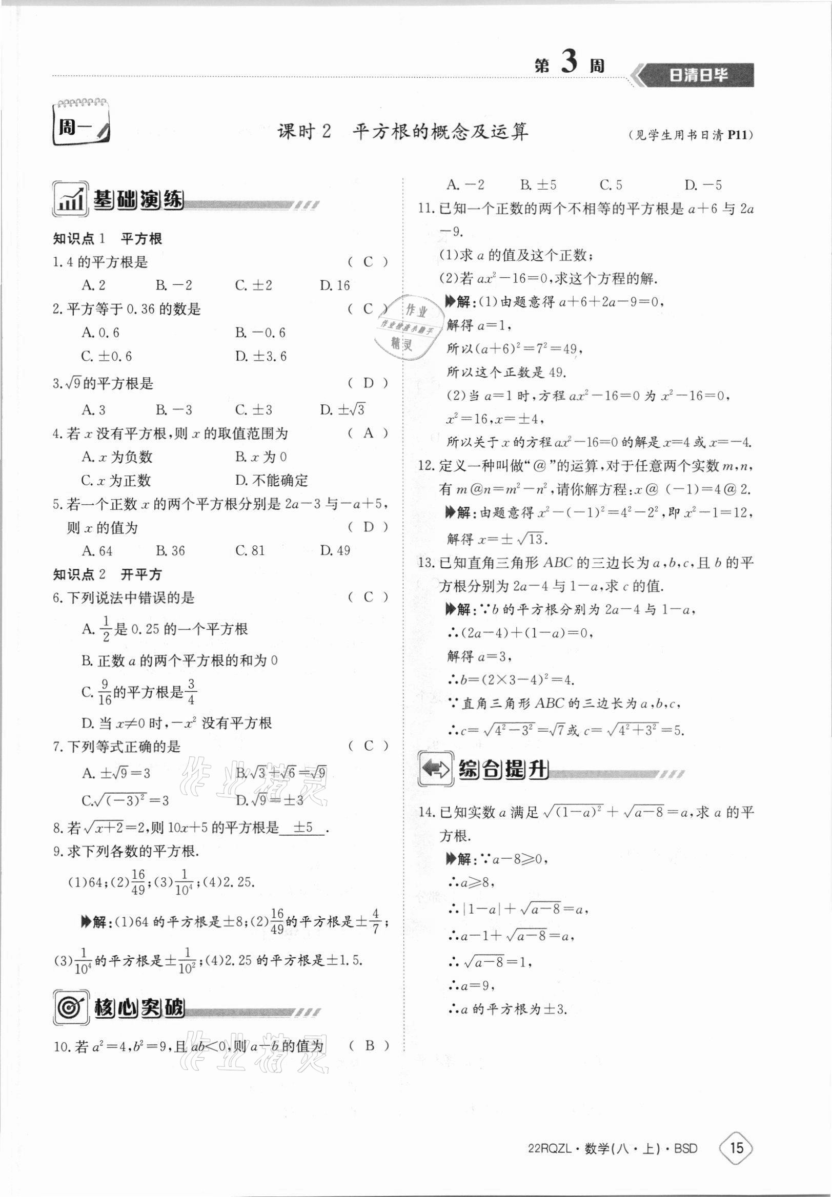 2021年日清周練八年級數(shù)學上冊北師大版 參考答案第15頁