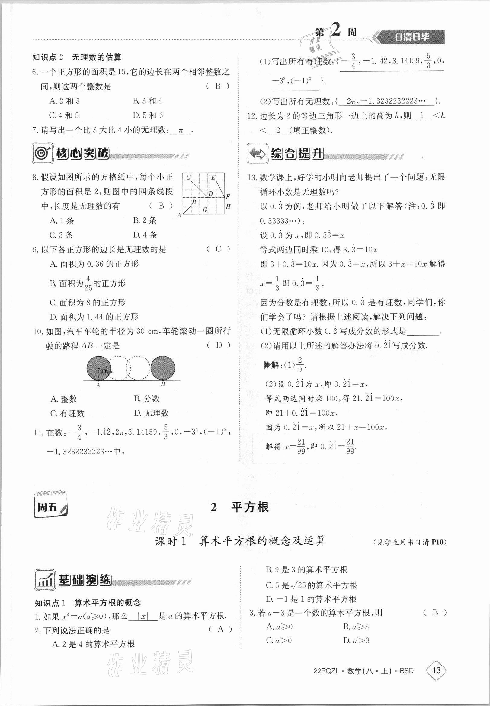 2021年日清周練八年級數(shù)學(xué)上冊北師大版 參考答案第13頁