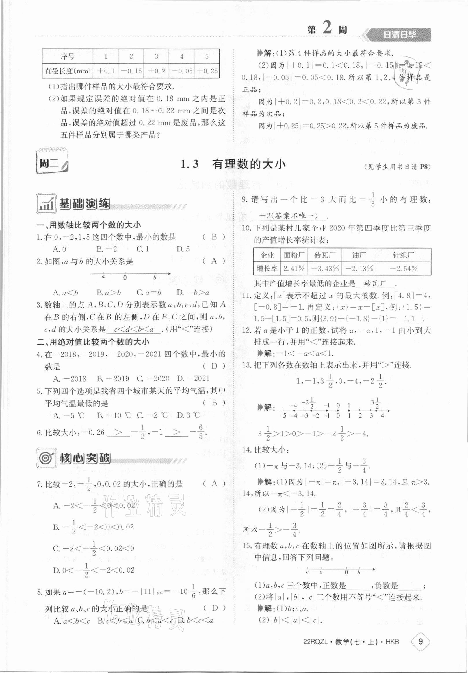 2021年日清周练七年级数学上册沪科版 参考答案第9页