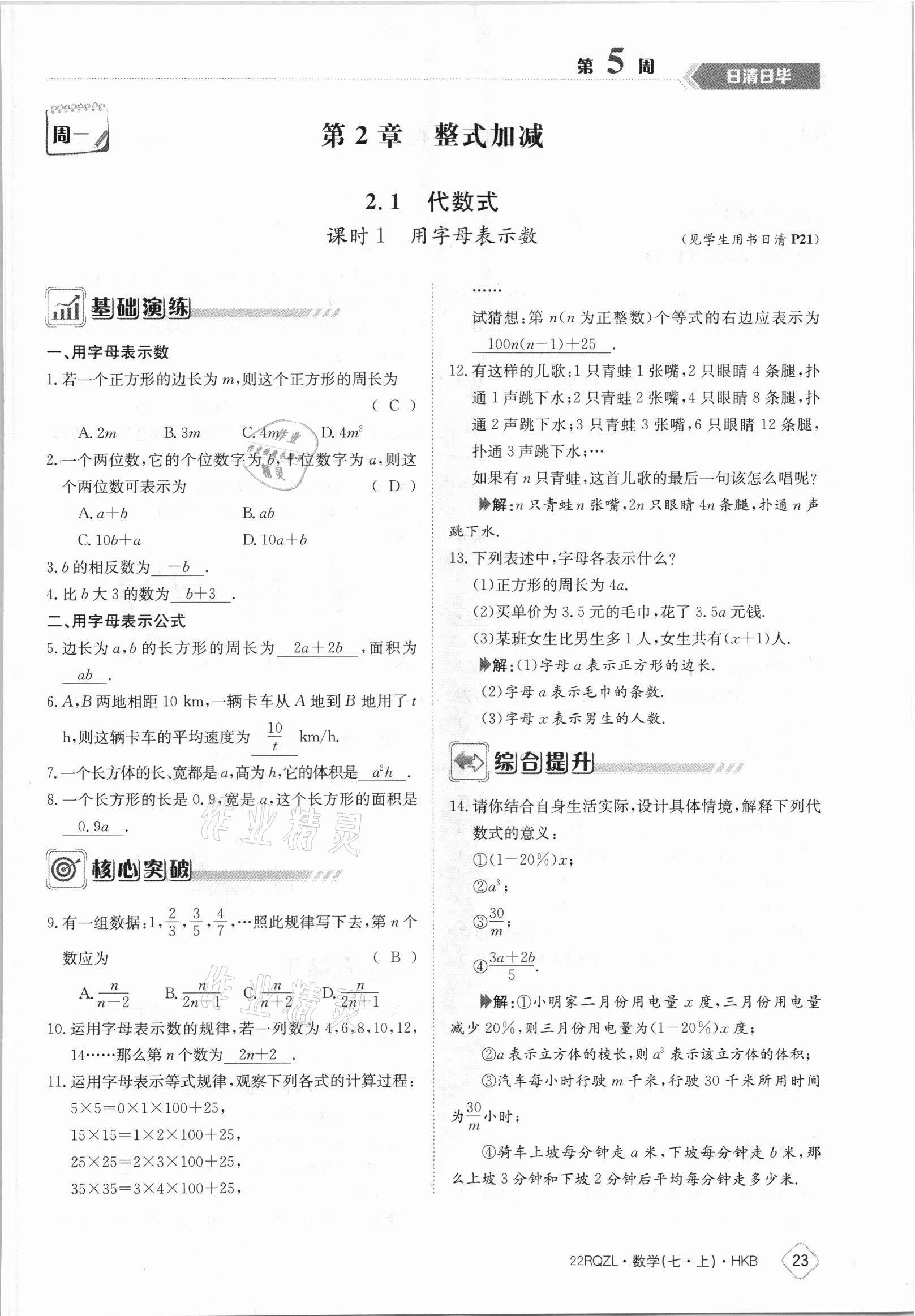 2021年日清周练七年级数学上册沪科版 参考答案第23页