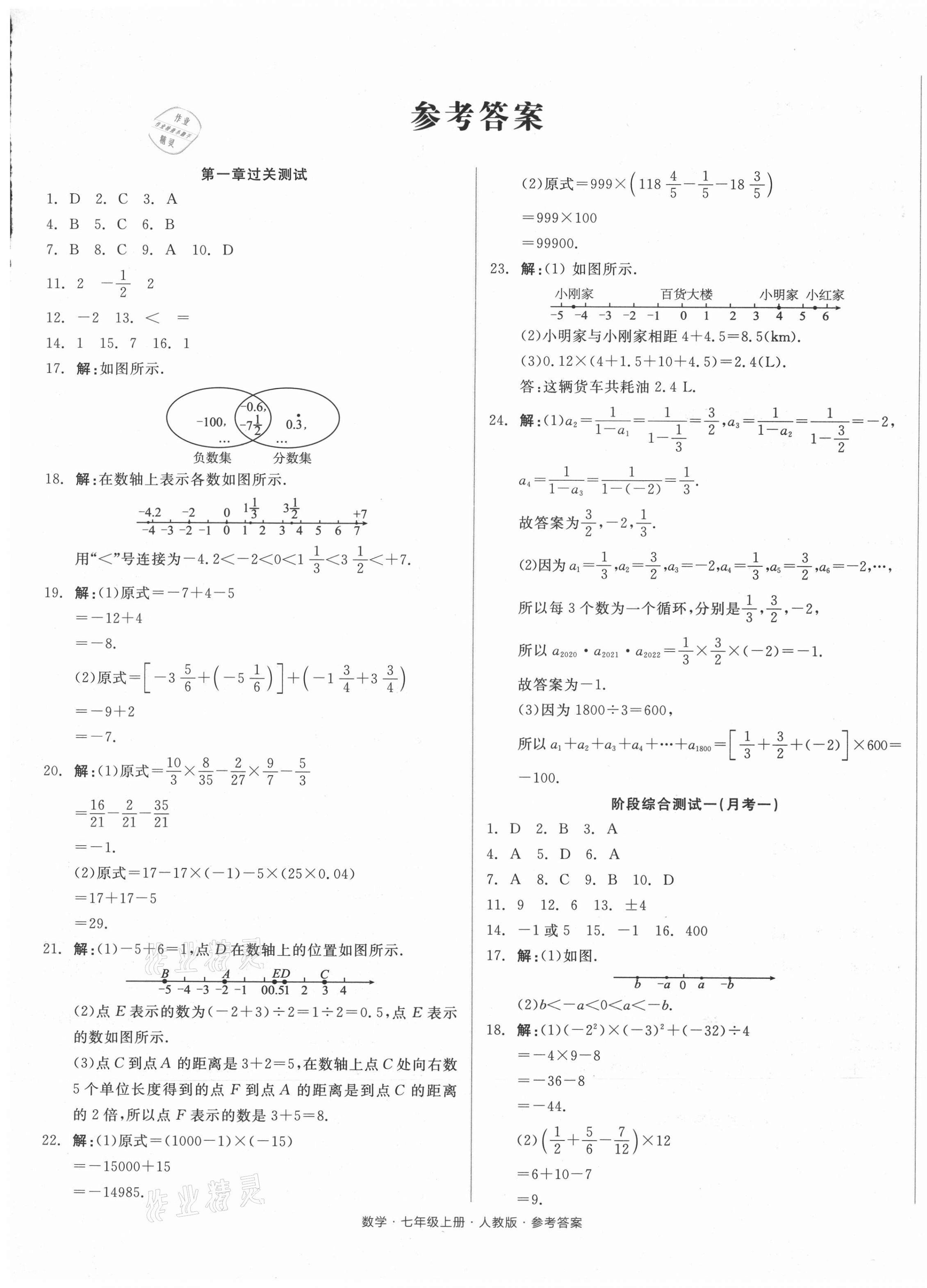 2021年全品小复习七年级数学上册人教版 参考答案第1页