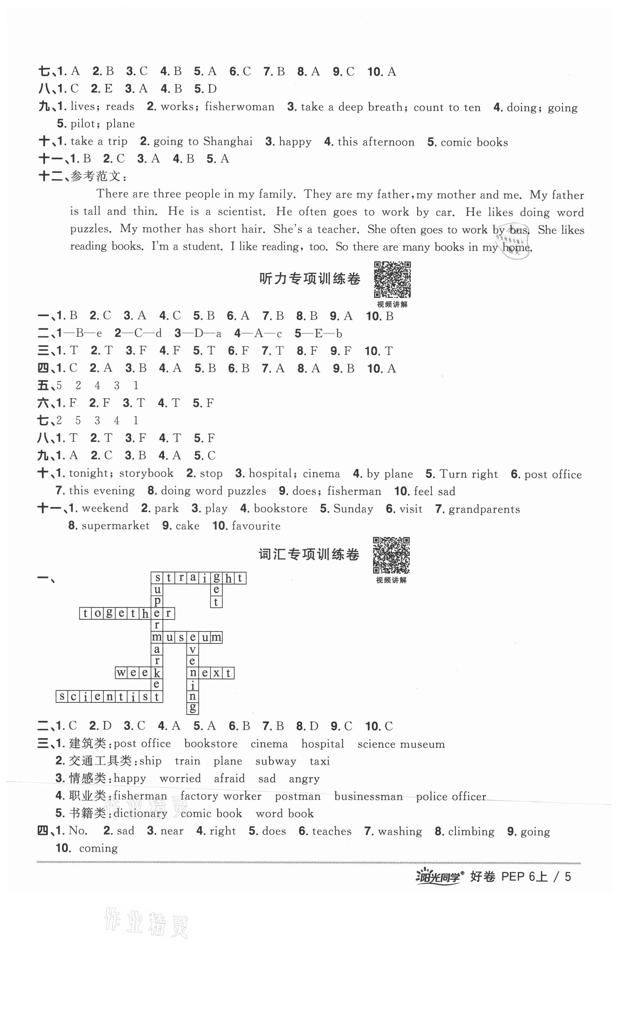 2021年陽光同學(xué)一線名師全優(yōu)好卷六年級英語上冊人教版山東專版 參考答案第5頁