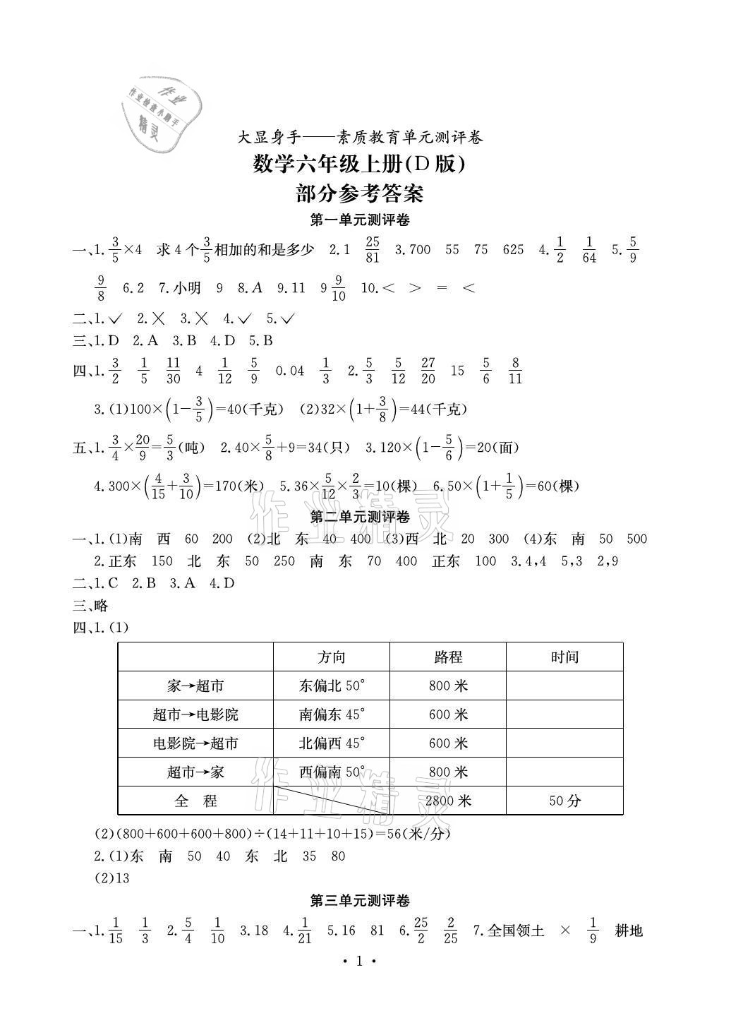 2021年大顯身手素質(zhì)教育單元測(cè)評(píng)卷六年級(jí)數(shù)學(xué)上冊(cè)人教版D版 參考答案第1頁(yè)