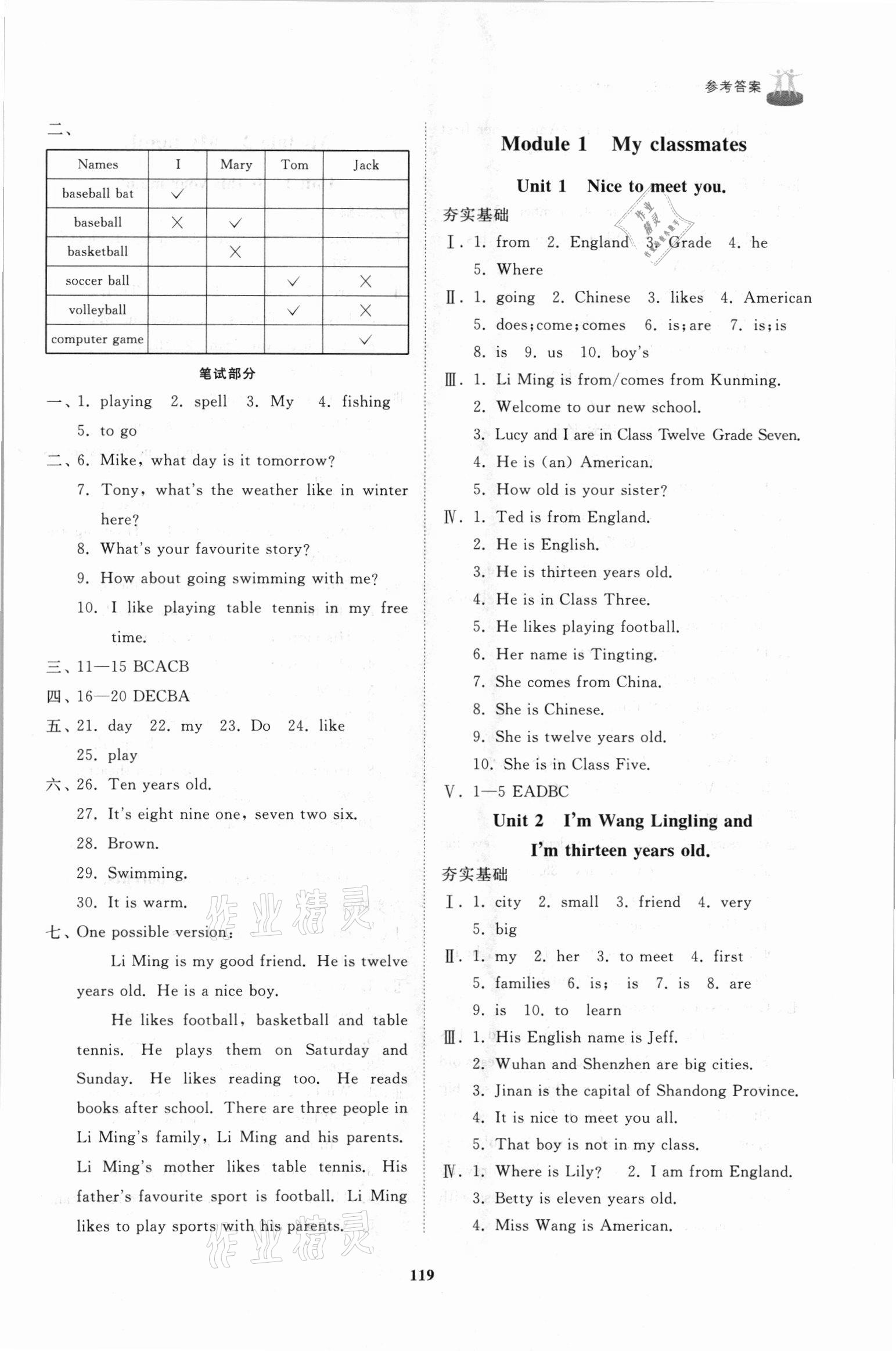 2021年初中同步練習(xí)冊(cè)七年級(jí)英語(yǔ)上冊(cè)外研版山東友誼出版社 參考答案第5頁(yè)