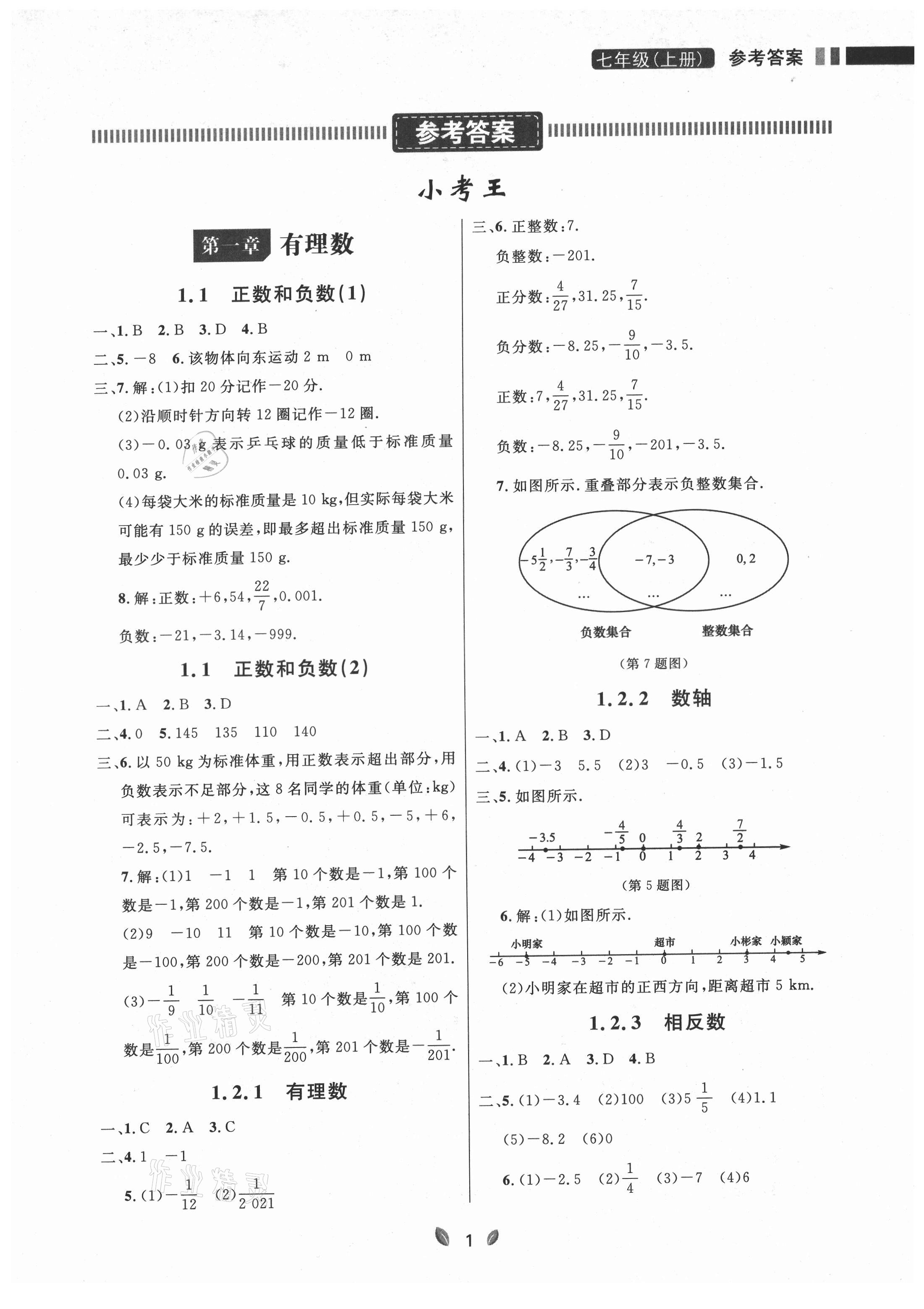 2021年點(diǎn)石成金金牌奪冠七年級數(shù)學(xué)上冊人教版大連專版 參考答案第1頁