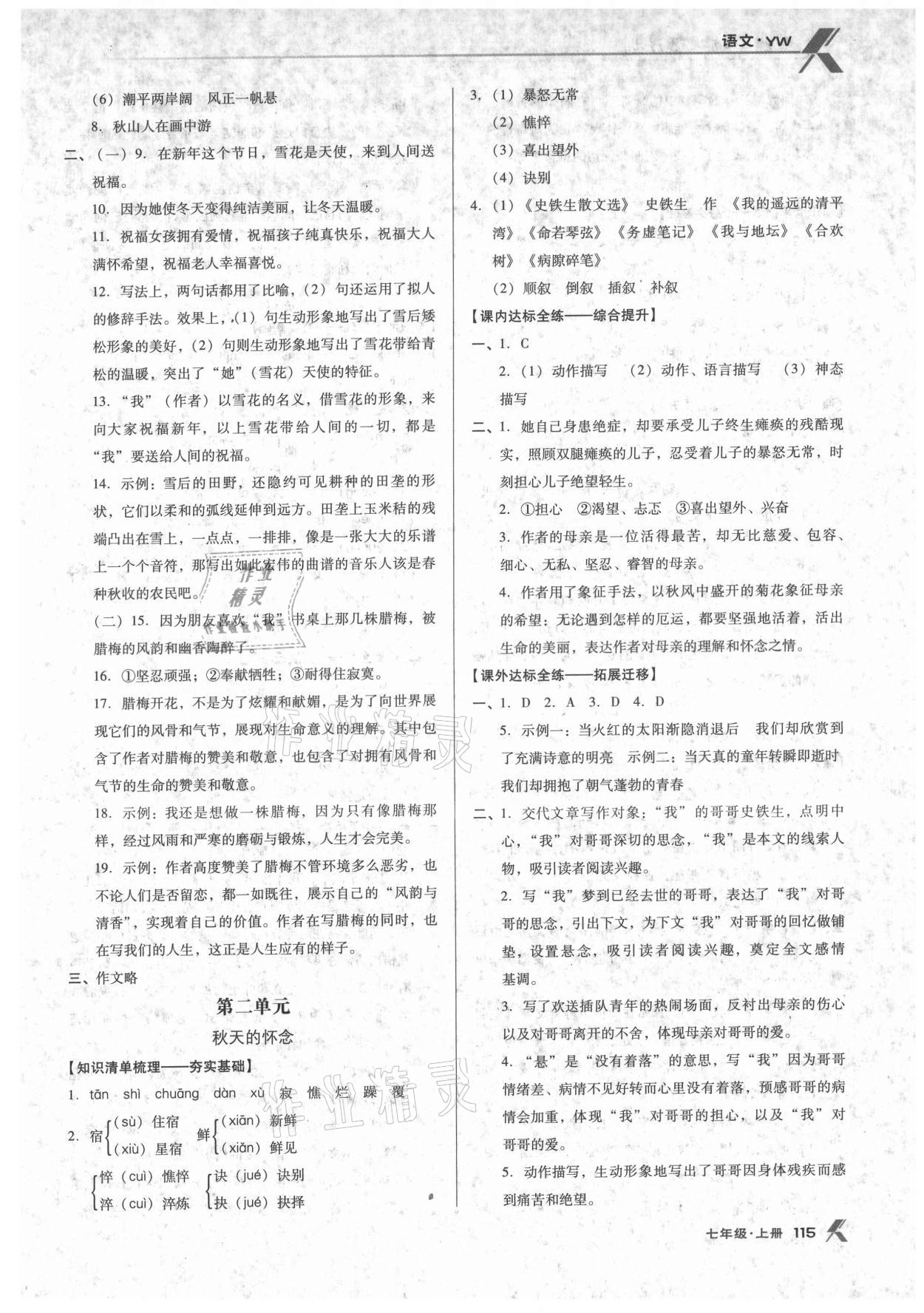 2021年全優(yōu)點練課計劃七年級語文上冊語文版 參考答案第3頁