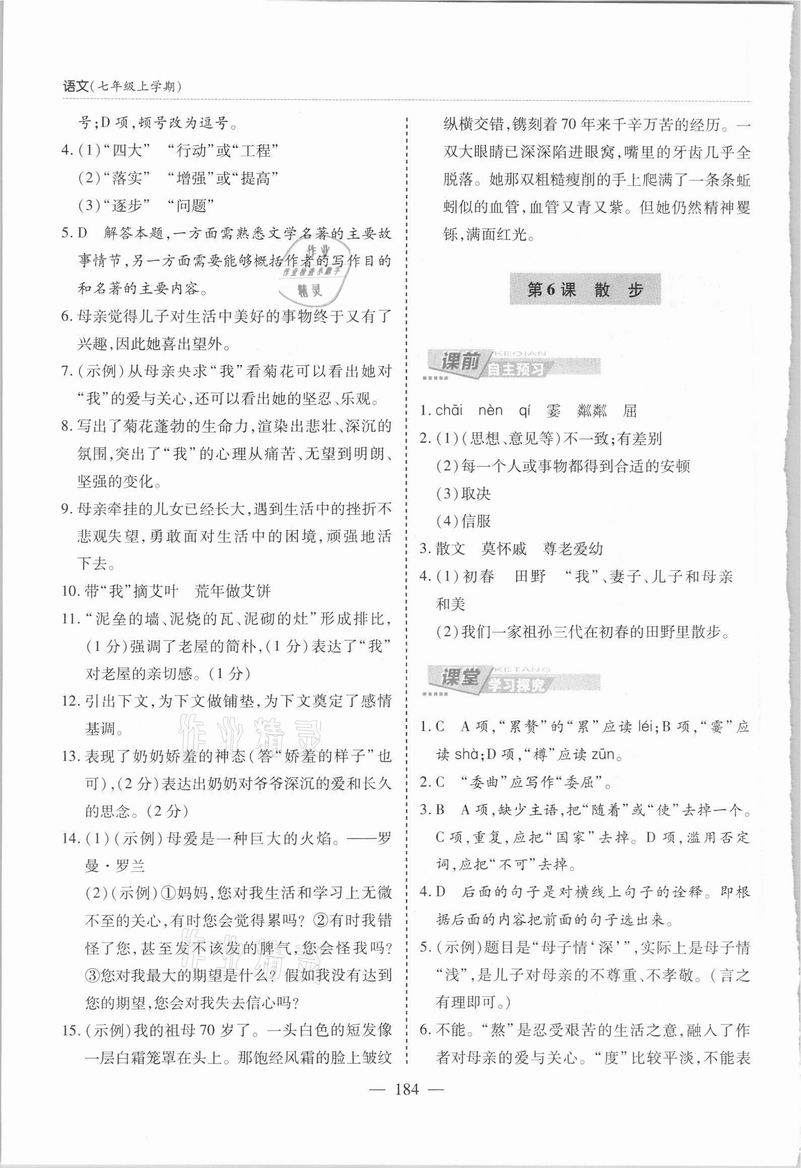 2021年新課堂學(xué)習(xí)與探究七年級語文上冊人教版 參考答案第7頁