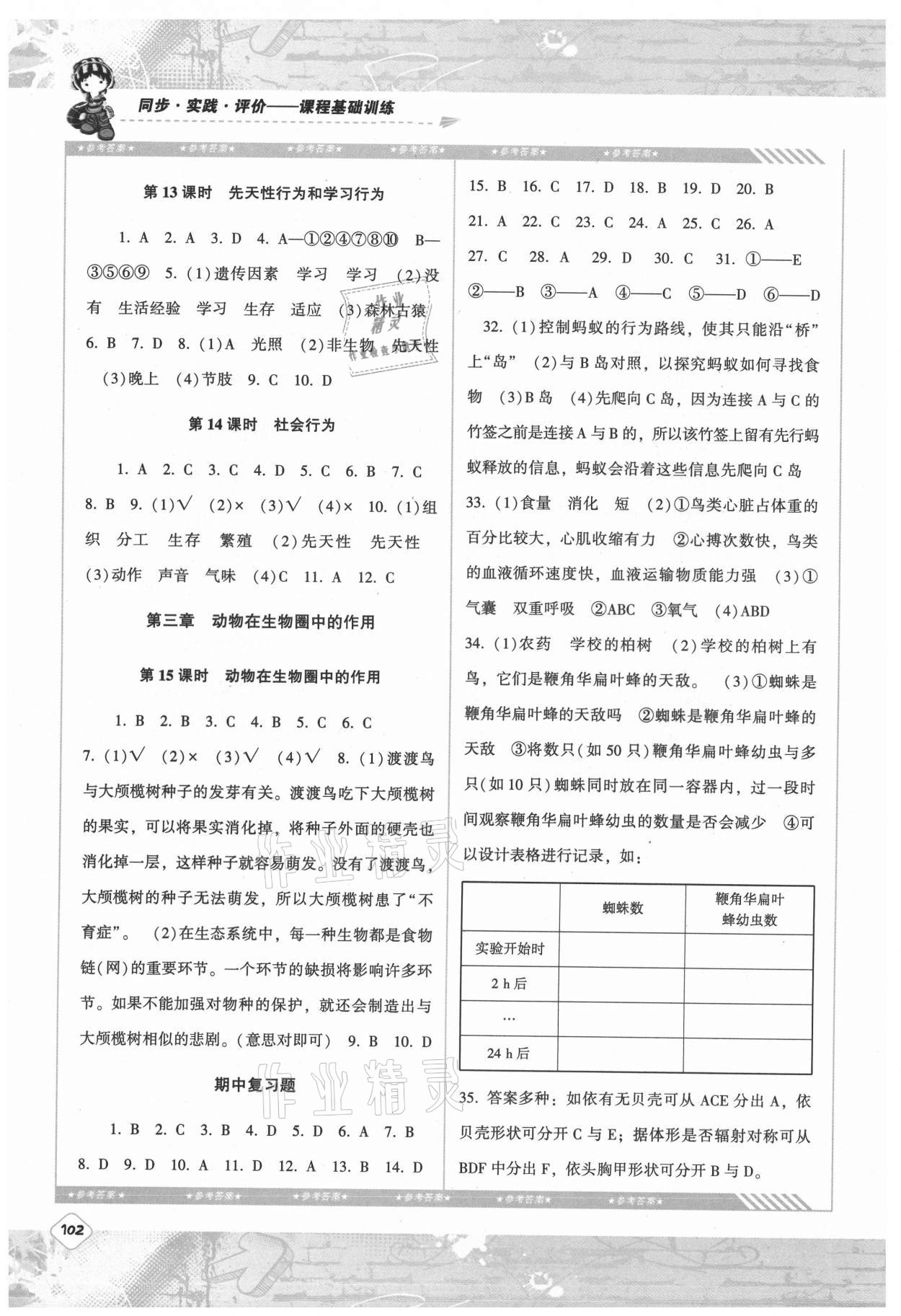 2021年同步實踐評價課程基礎(chǔ)訓(xùn)練八年級生物上冊人教版 參考答案第3頁