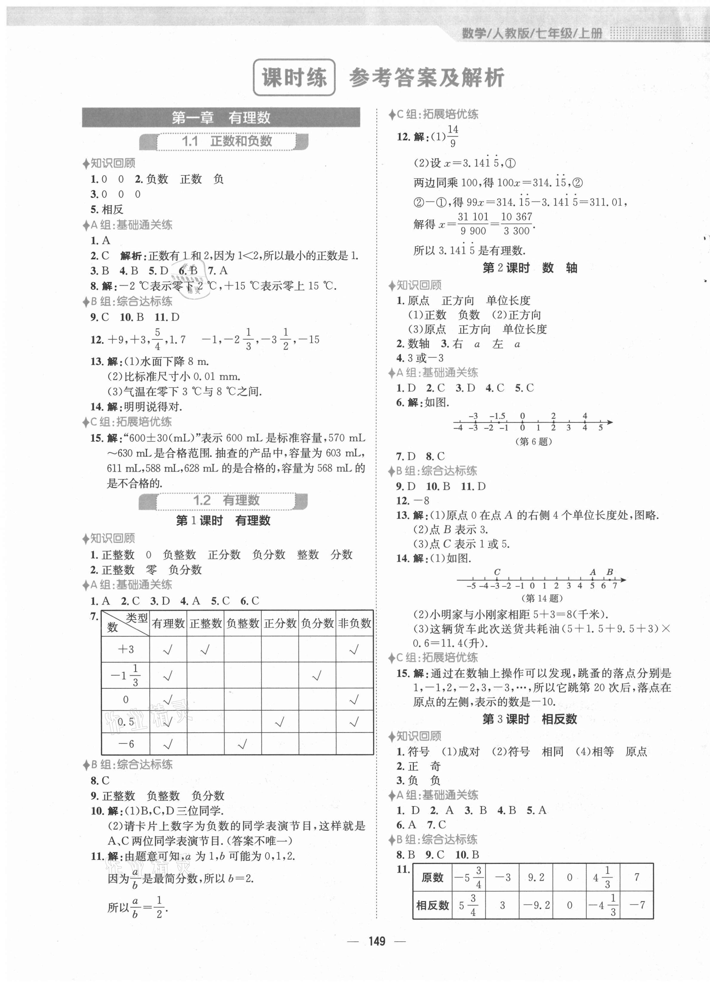 2021年新编基础训练七年级数学上册人教版 第1页