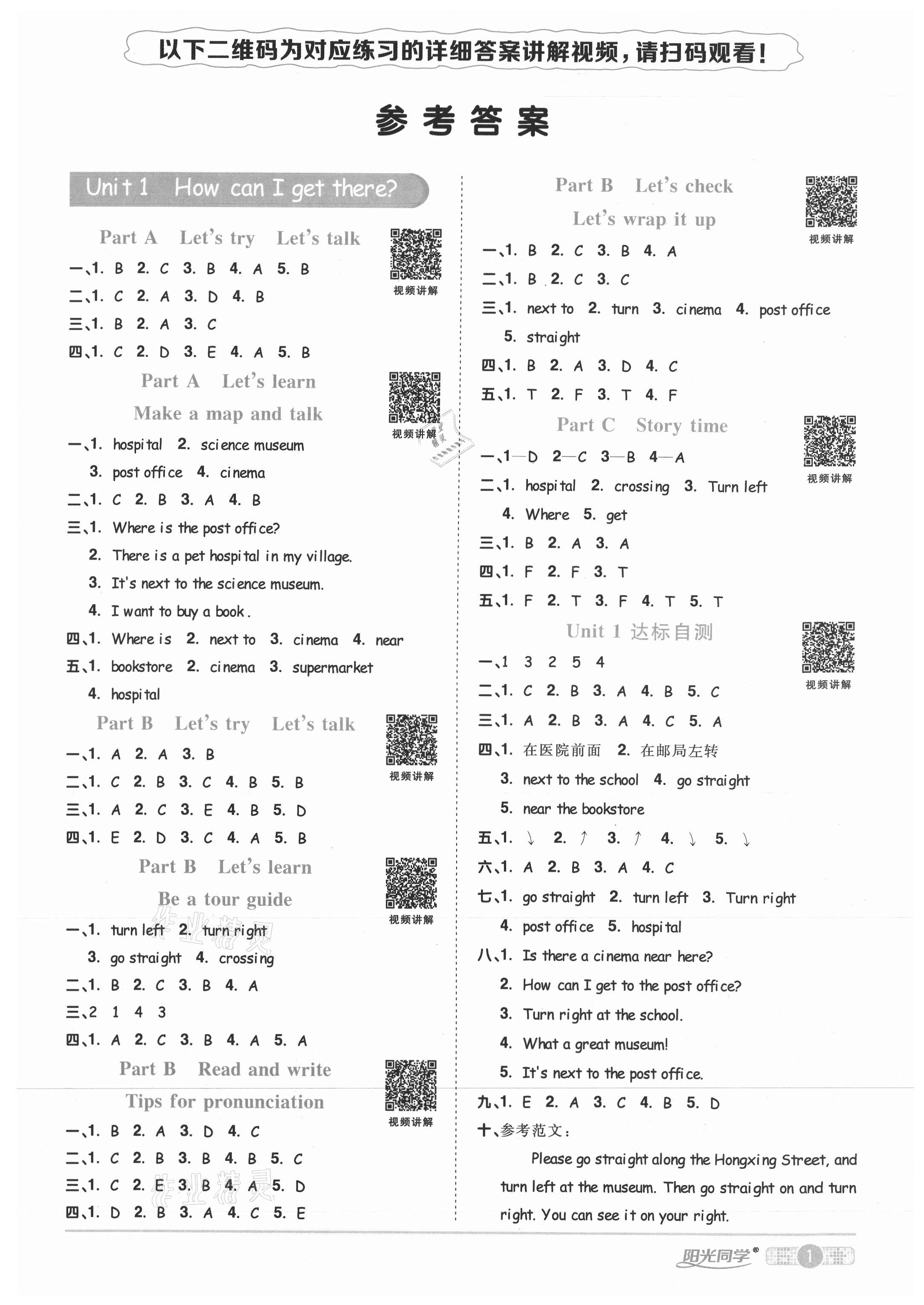 2021年陽光同學(xué)課時優(yōu)化作業(yè)六年級英語上冊人教PEP版菏澤專版 參考答案第1頁