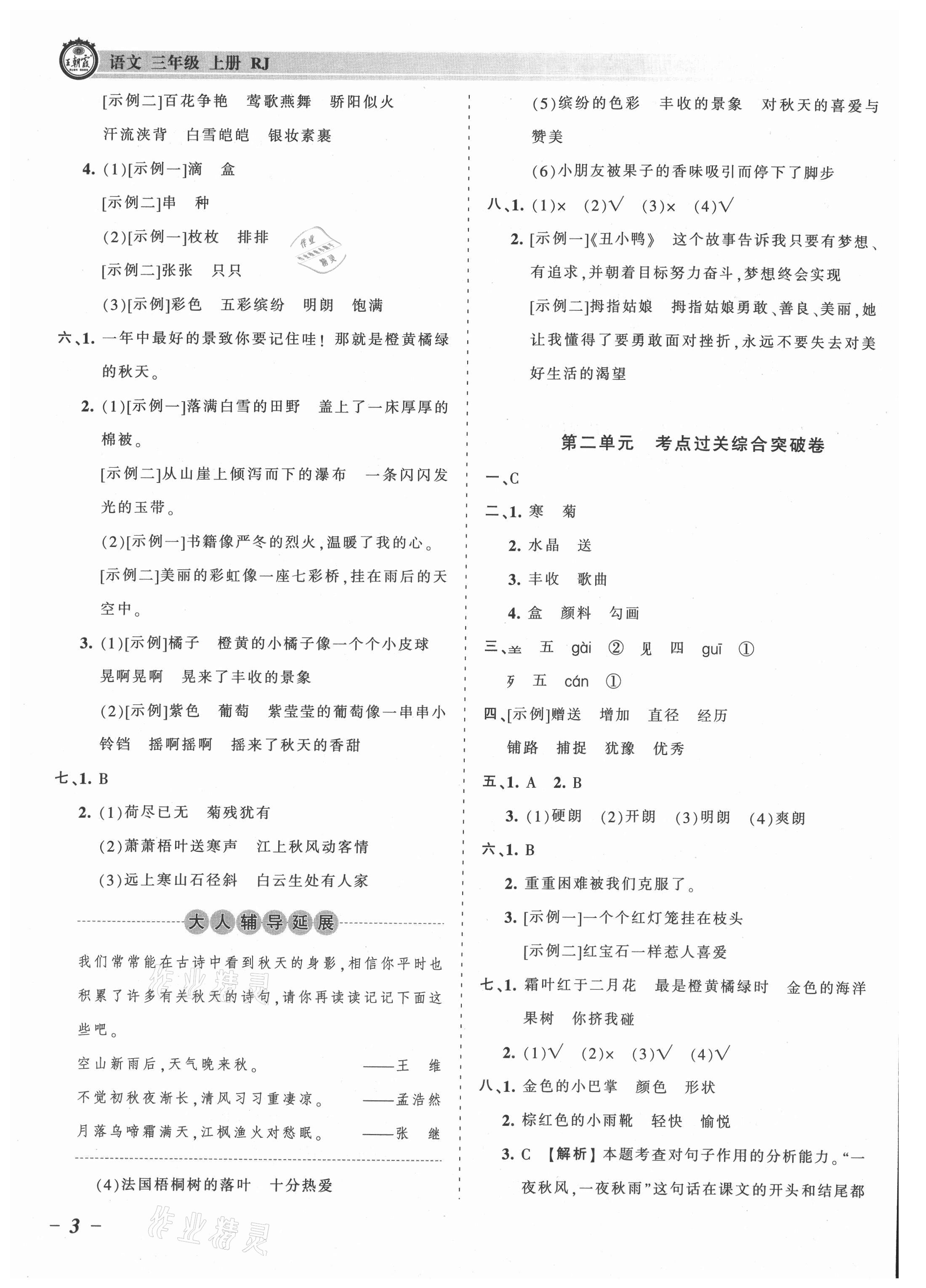 2021年王朝霞考點(diǎn)梳理時(shí)習(xí)卷三年級(jí)語(yǔ)文上冊(cè)人教版 參考答案第3頁(yè)