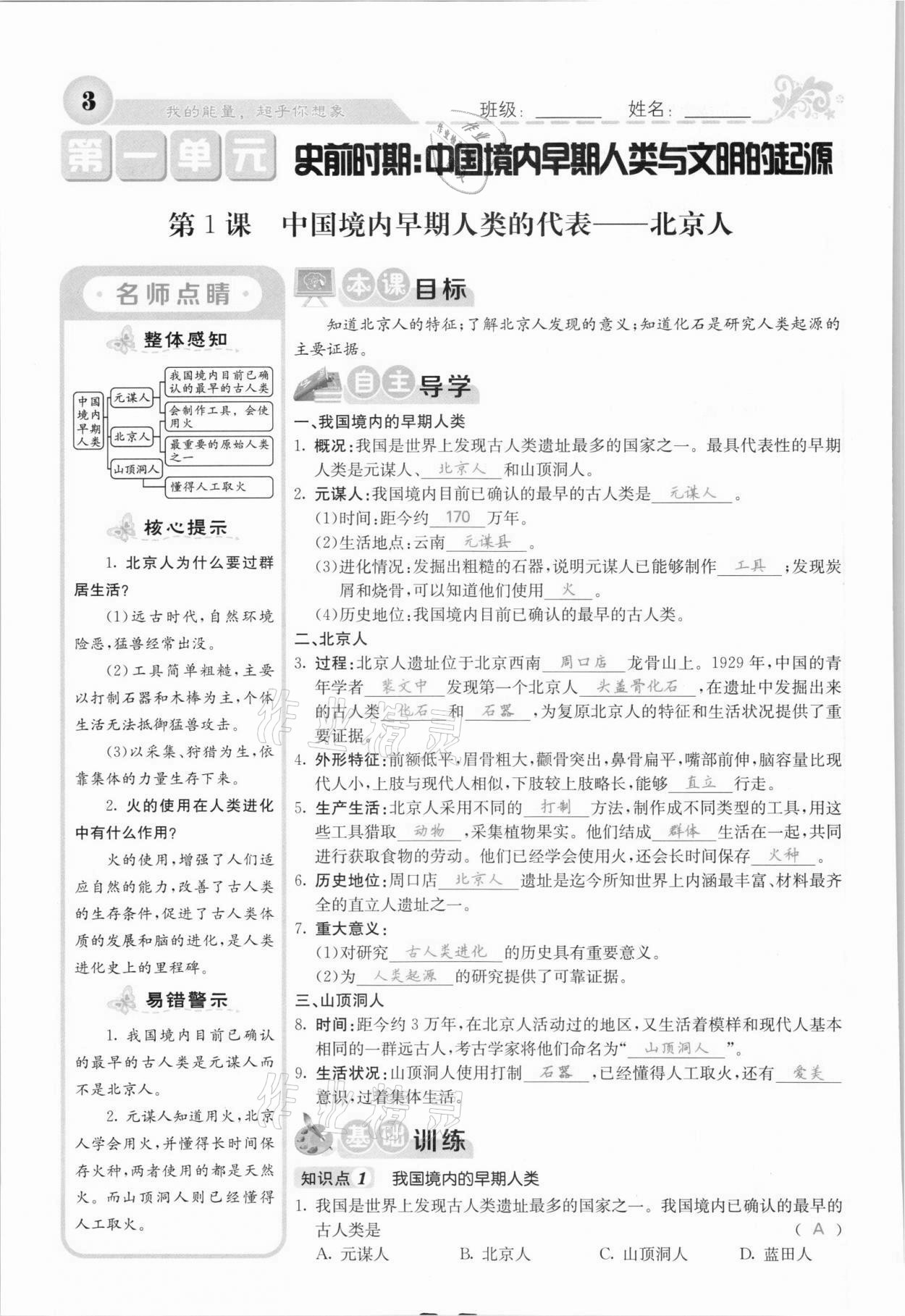 2021年課堂點睛七年級歷史上冊人教版安徽專版 參考答案第12頁