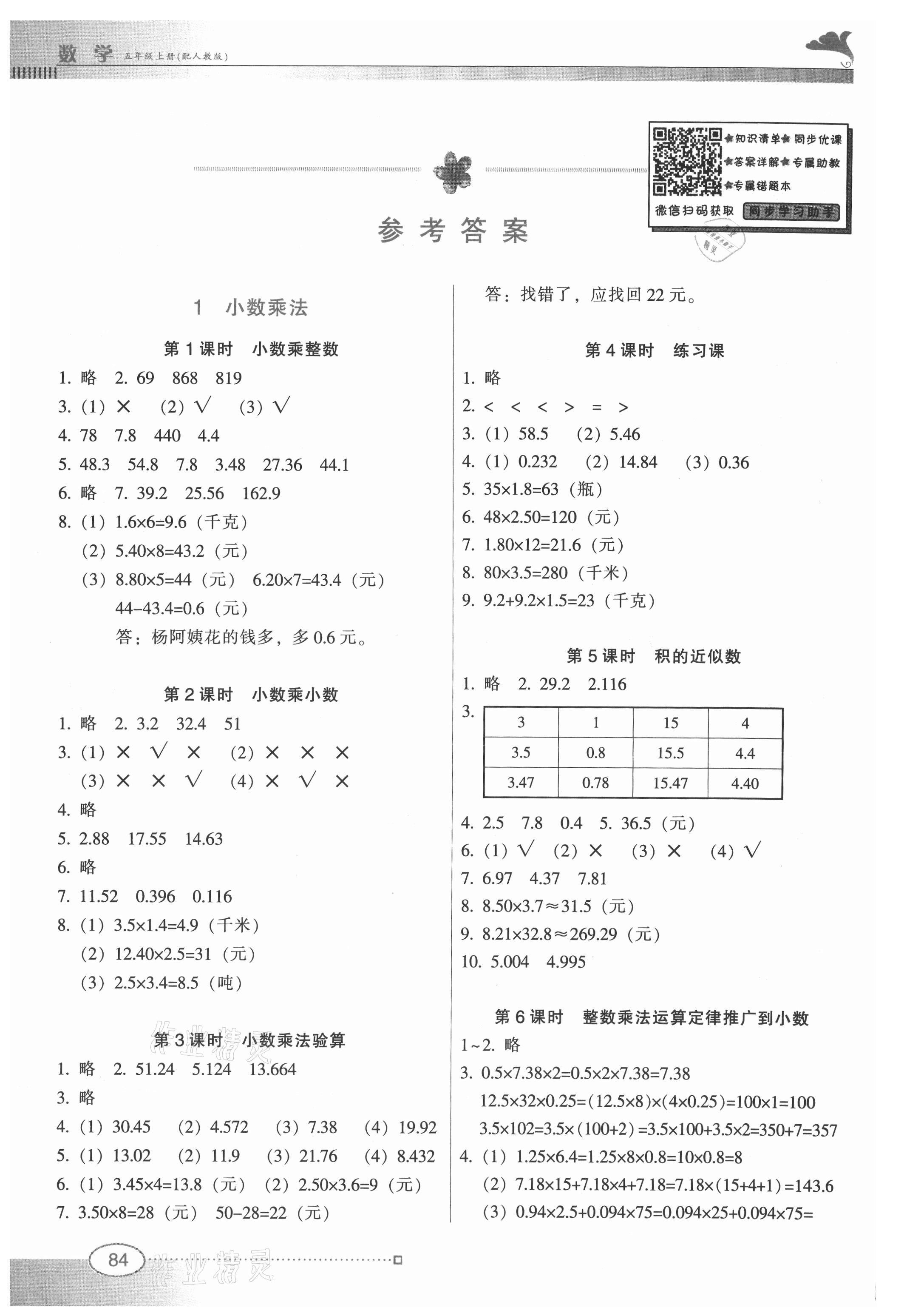 2021年南方新課堂金牌學案五年級數學上冊人教版 參考答案第1頁