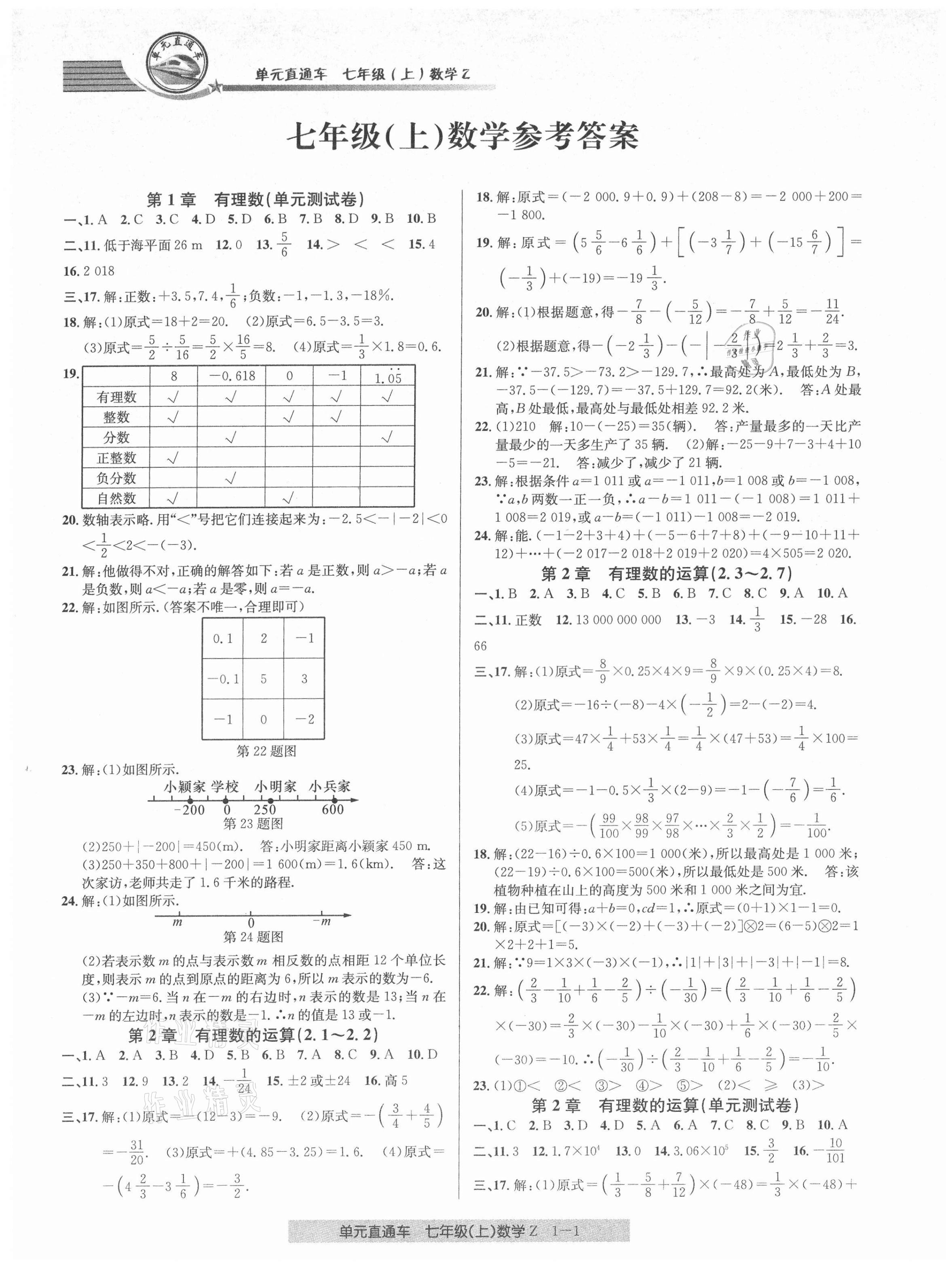 2021年開源圖書單元直通車七年級數(shù)學(xué)上冊浙教版 參考答案第1頁