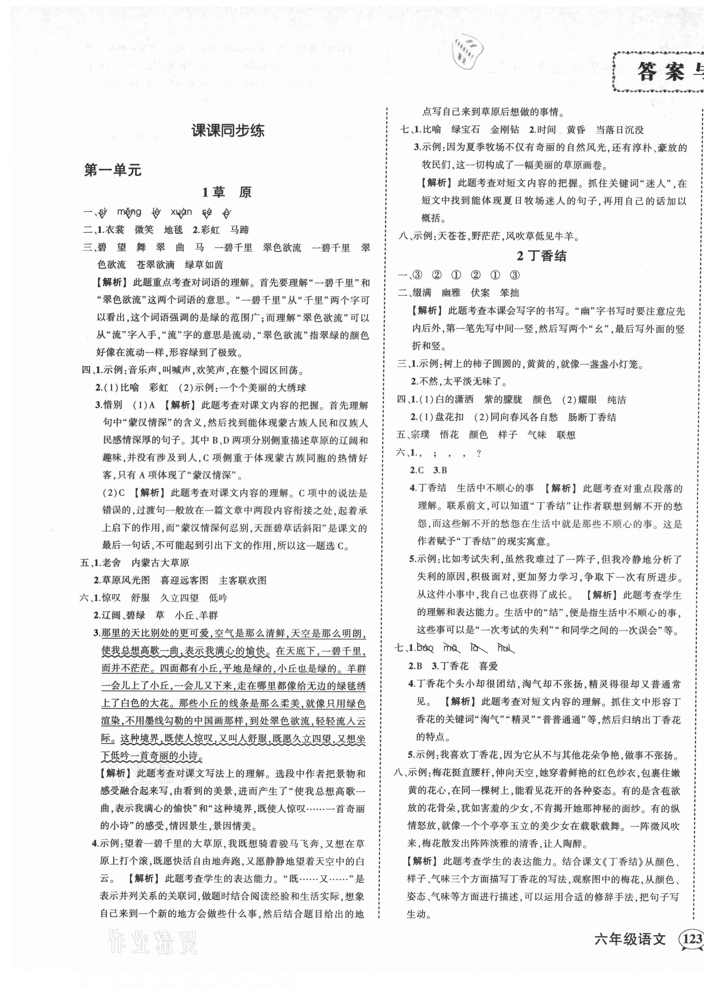 2021年状元成才路创优作业100分六年级语文上册人教版湖北专版 参考答案第5页