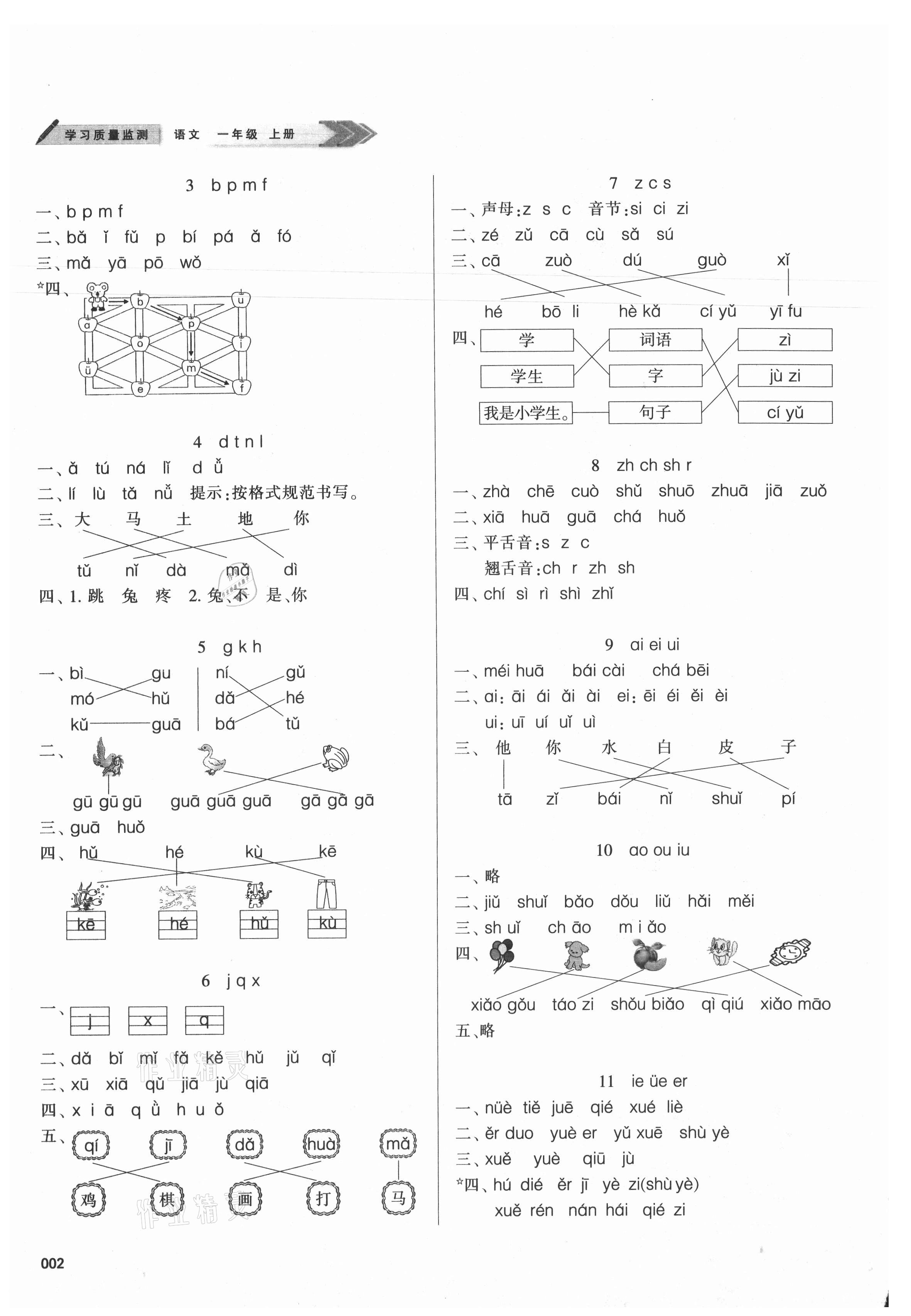 2021年學(xué)習(xí)質(zhì)量監(jiān)測一年級(jí)語文上冊人教版 參考答案第2頁