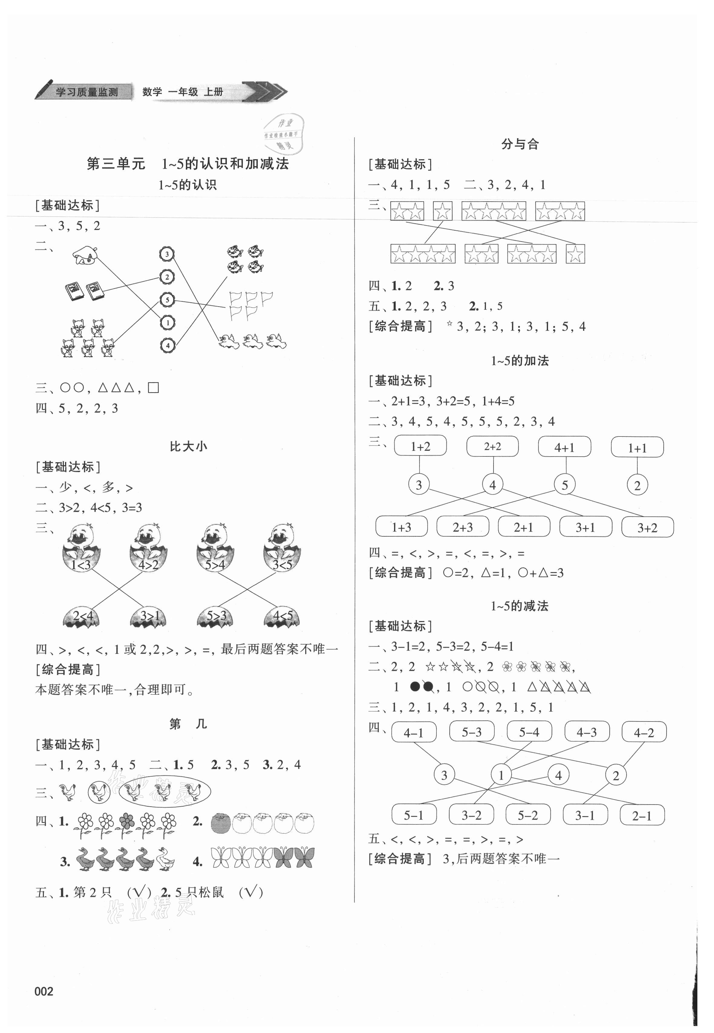 2021年學(xué)習(xí)質(zhì)量監(jiān)測(cè)一年級(jí)數(shù)學(xué)上冊(cè)人教版 參考答案第2頁(yè)