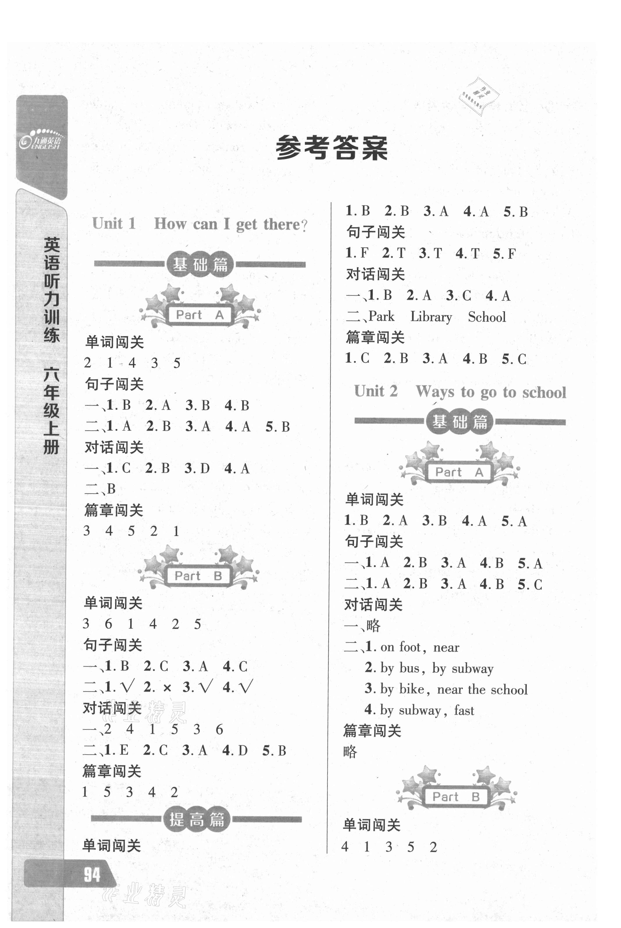 2021年長江全能學(xué)案英語聽力訓(xùn)練六年級上冊人教版 參考答案第1頁