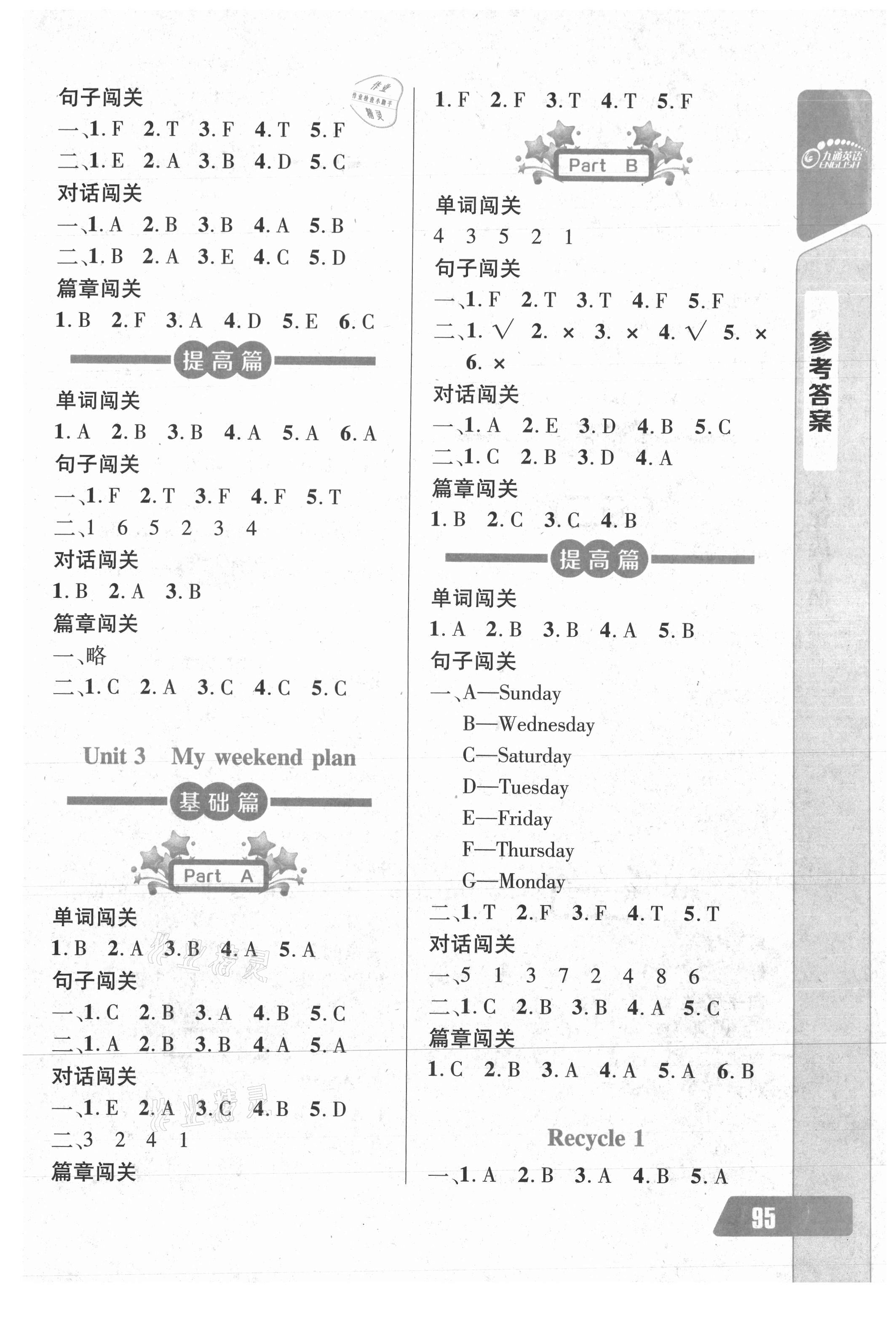 2021年长江全能学案英语听力训练六年级上册人教版 参考答案第2页