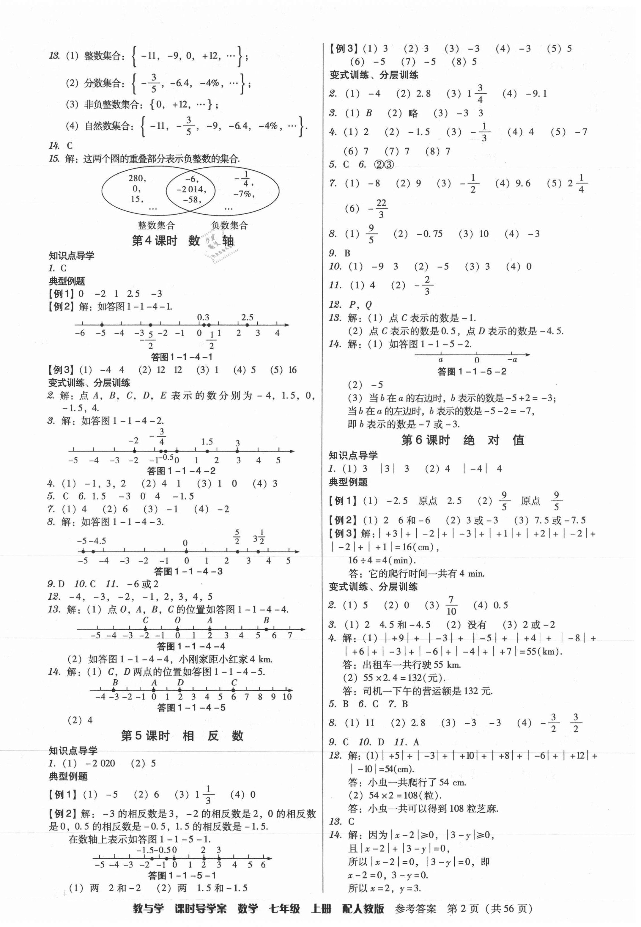 2021年教與學課時導學案七年級數(shù)學上冊人教版廣東專版 參考答案第2頁