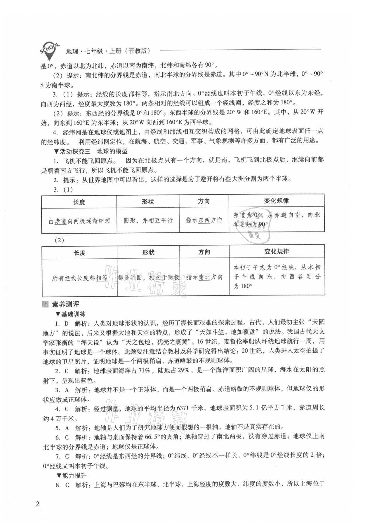 2021年新課程問題解決導學方案七年級地理上冊晉教版 參考答案第2頁