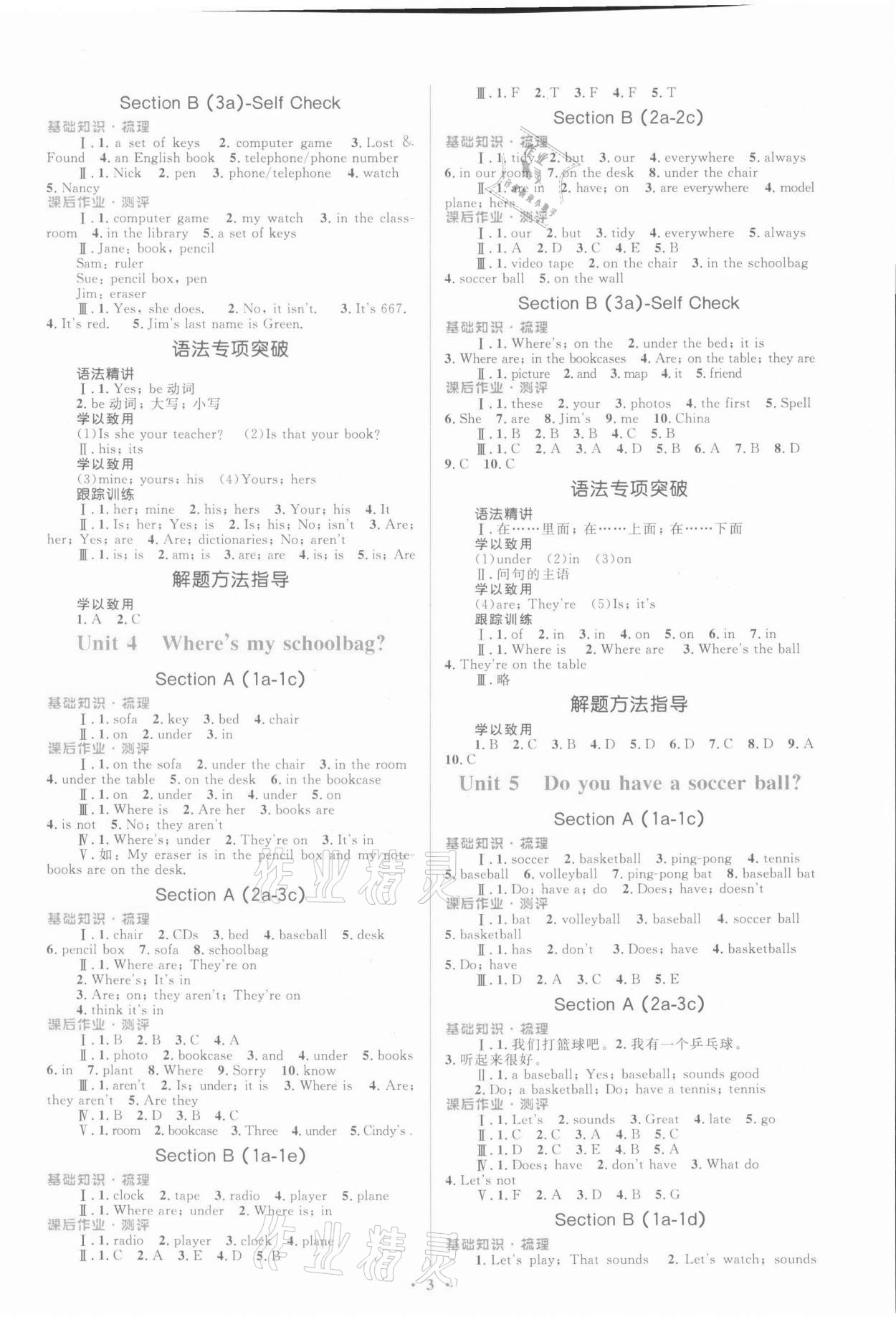 2021年人教金学典同步解析与测评学考练七年级英语上册人教版 参考答案第3页