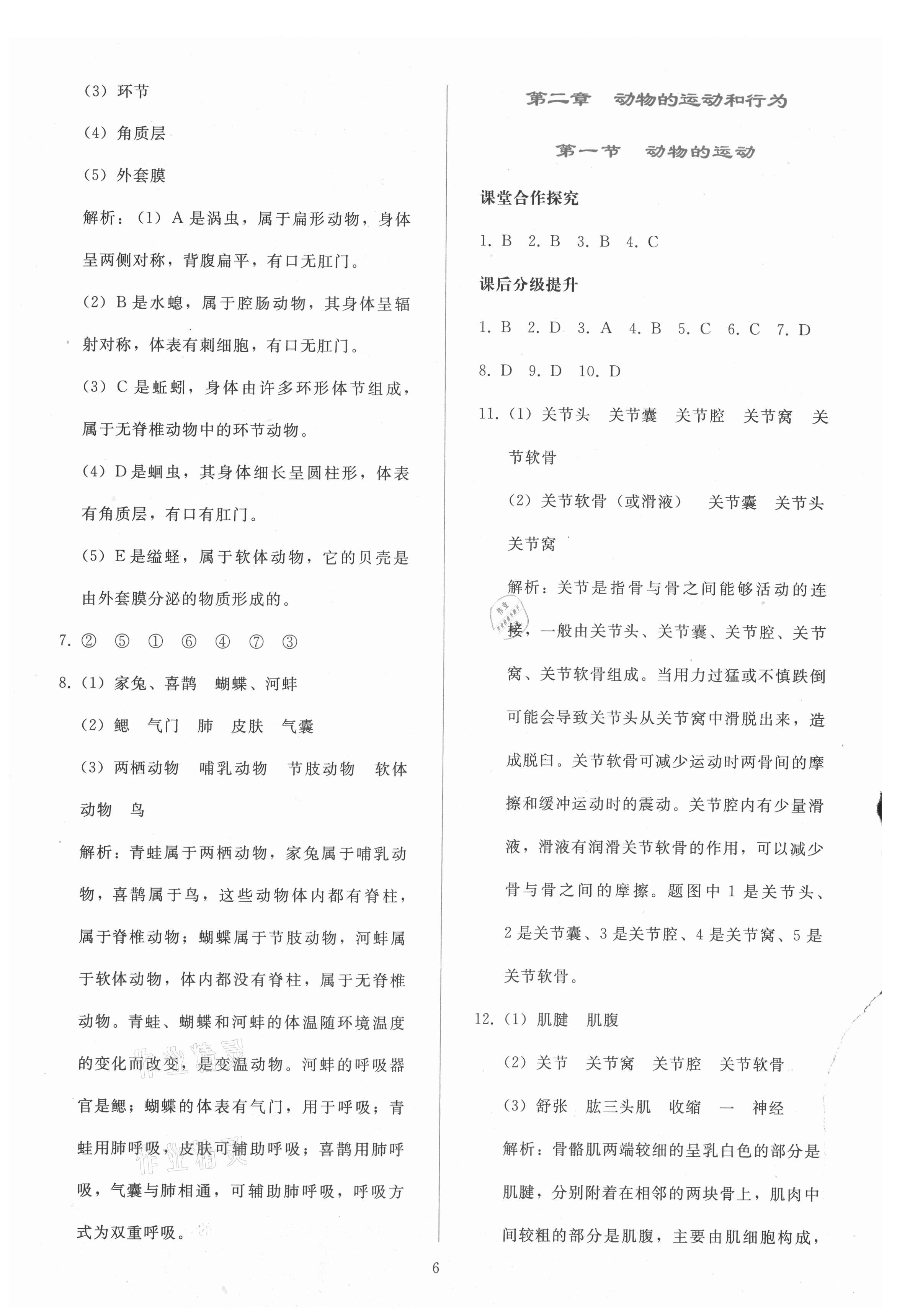 2021年同步轻松练习八年级生物学上册人教版 参考答案第5页