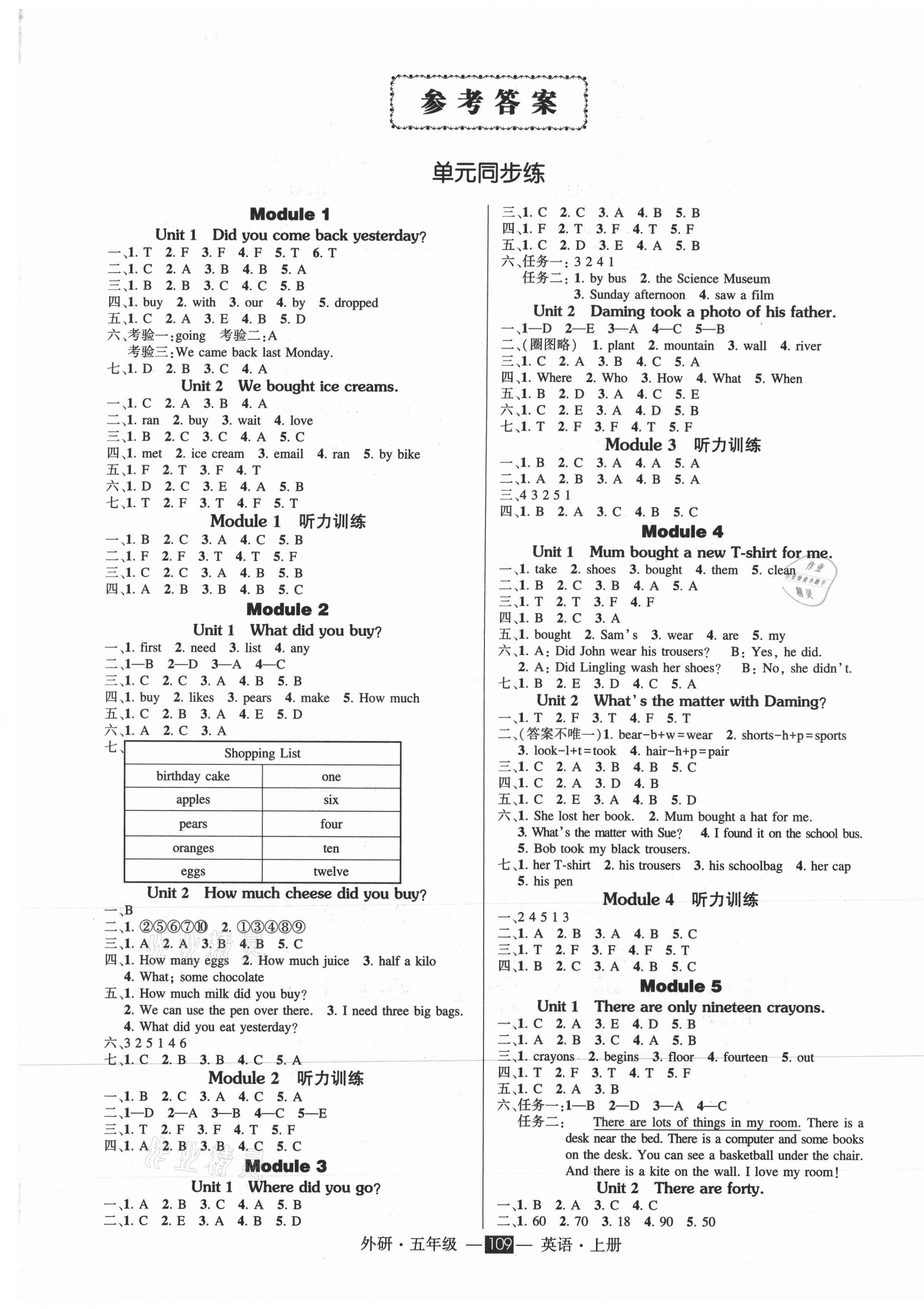 2021年状元成才路创优作业100分五年级英语上册外研版 参考答案第1页