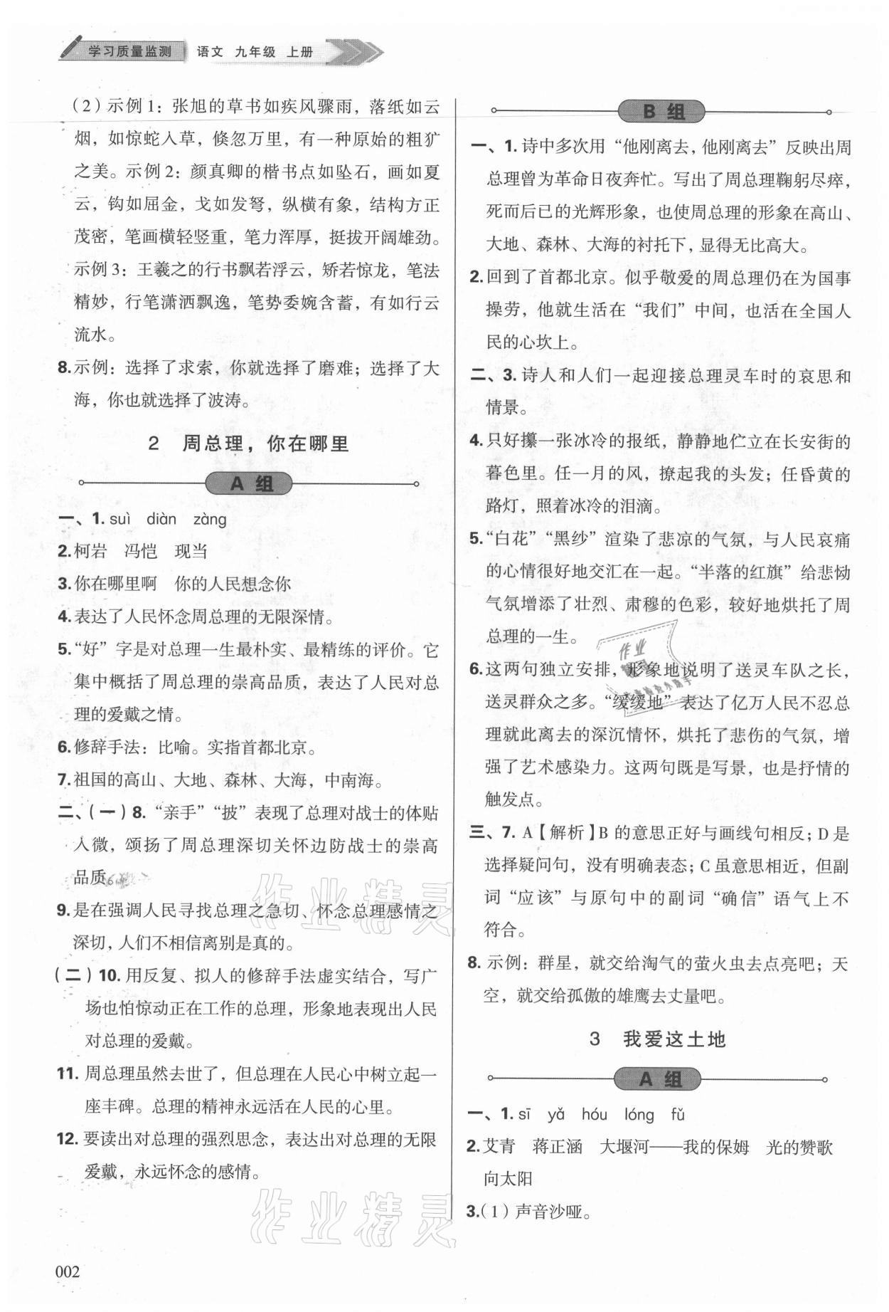 2021年學(xué)習(xí)質(zhì)量監(jiān)測九年級語文上冊人教版 參考答案第2頁