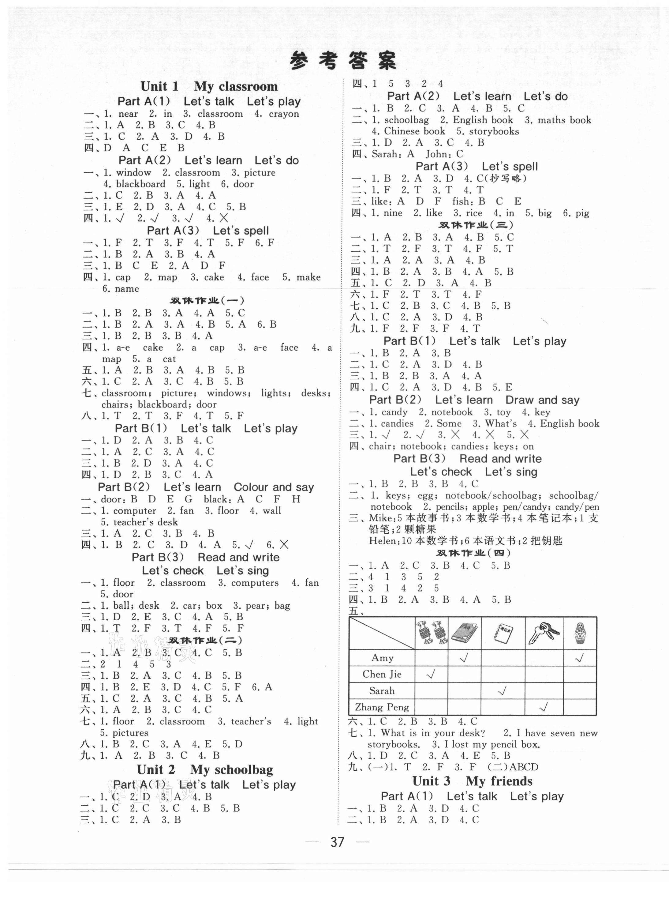 2021年学霸课时作业四年级英语上册人教版 第1页