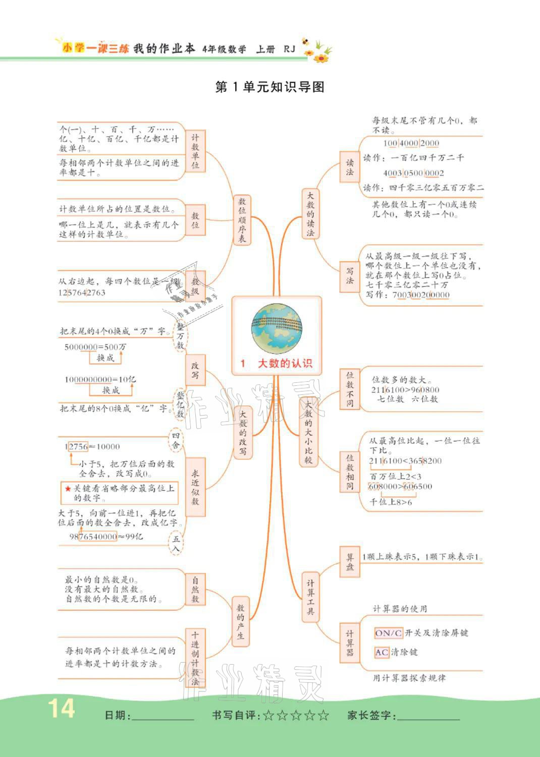 2021年小学一课三练我的作业本四年级数学上册人教版 参考答案第14页