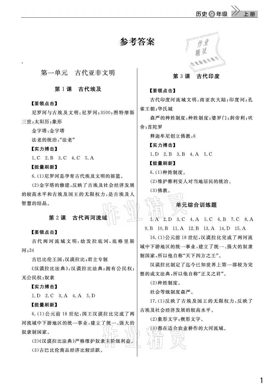 2021年課堂作業(yè)九年級歷史上冊人教版武漢出版社 參考答案第1頁