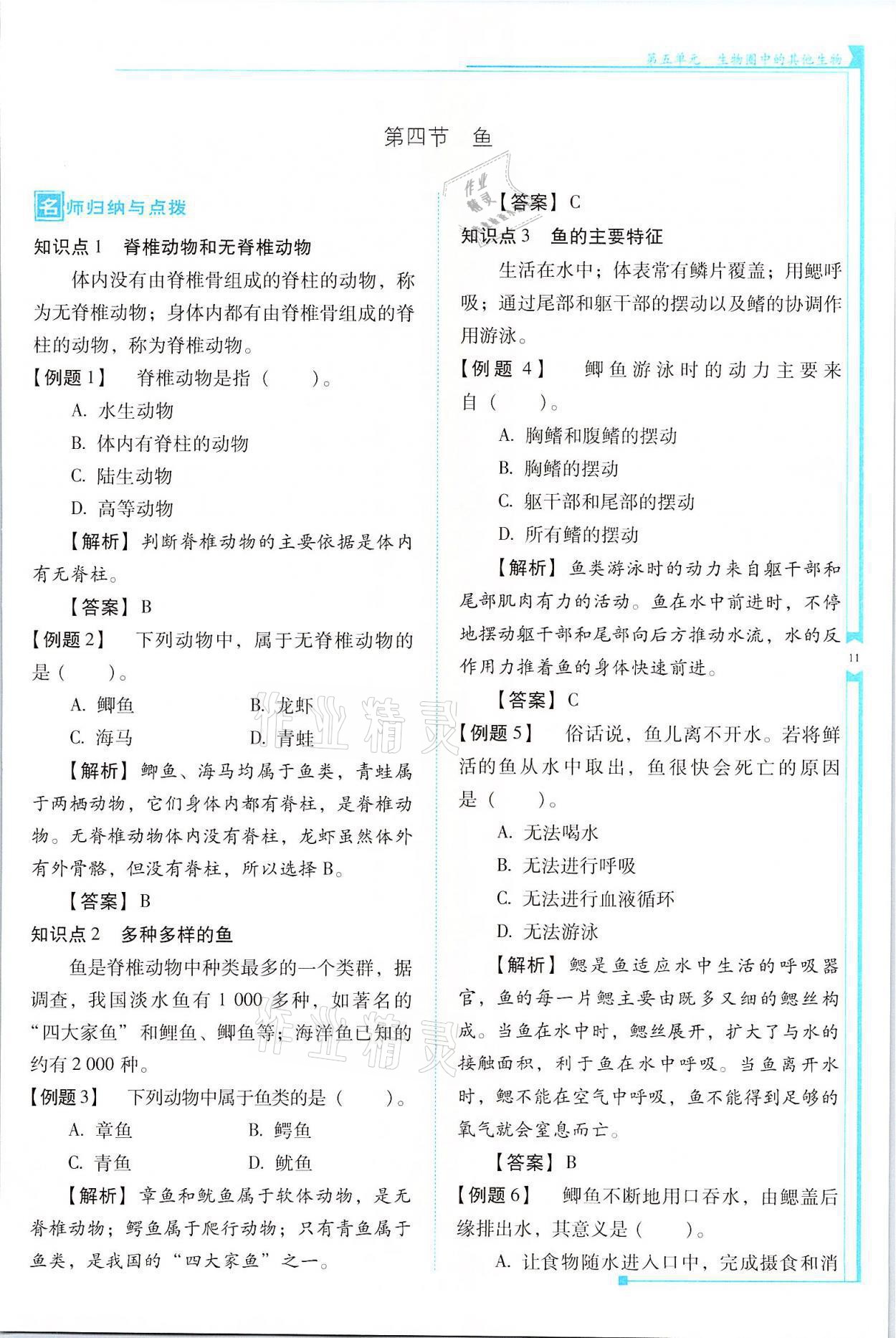 2021年云南省標準教輔優(yōu)佳學(xué)案八年級生物全一冊人教版 參考答案第11頁