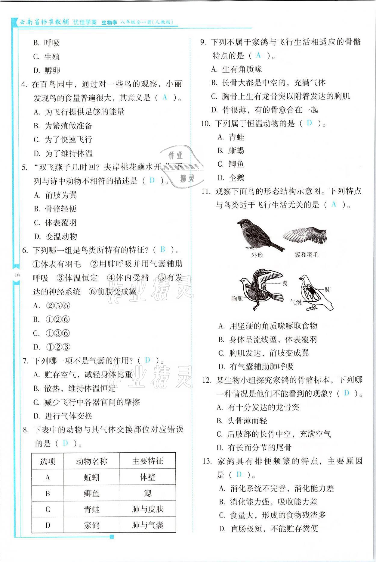 2021年云南省标准教辅优佳学案八年级生物全一册人教版 参考答案第18页