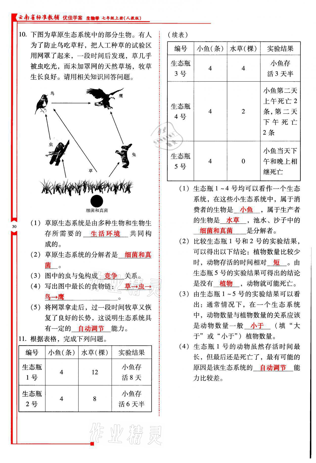 2021年云南省標(biāo)準(zhǔn)教輔優(yōu)佳學(xué)案七年級生物上冊人教版 參考答案第30頁