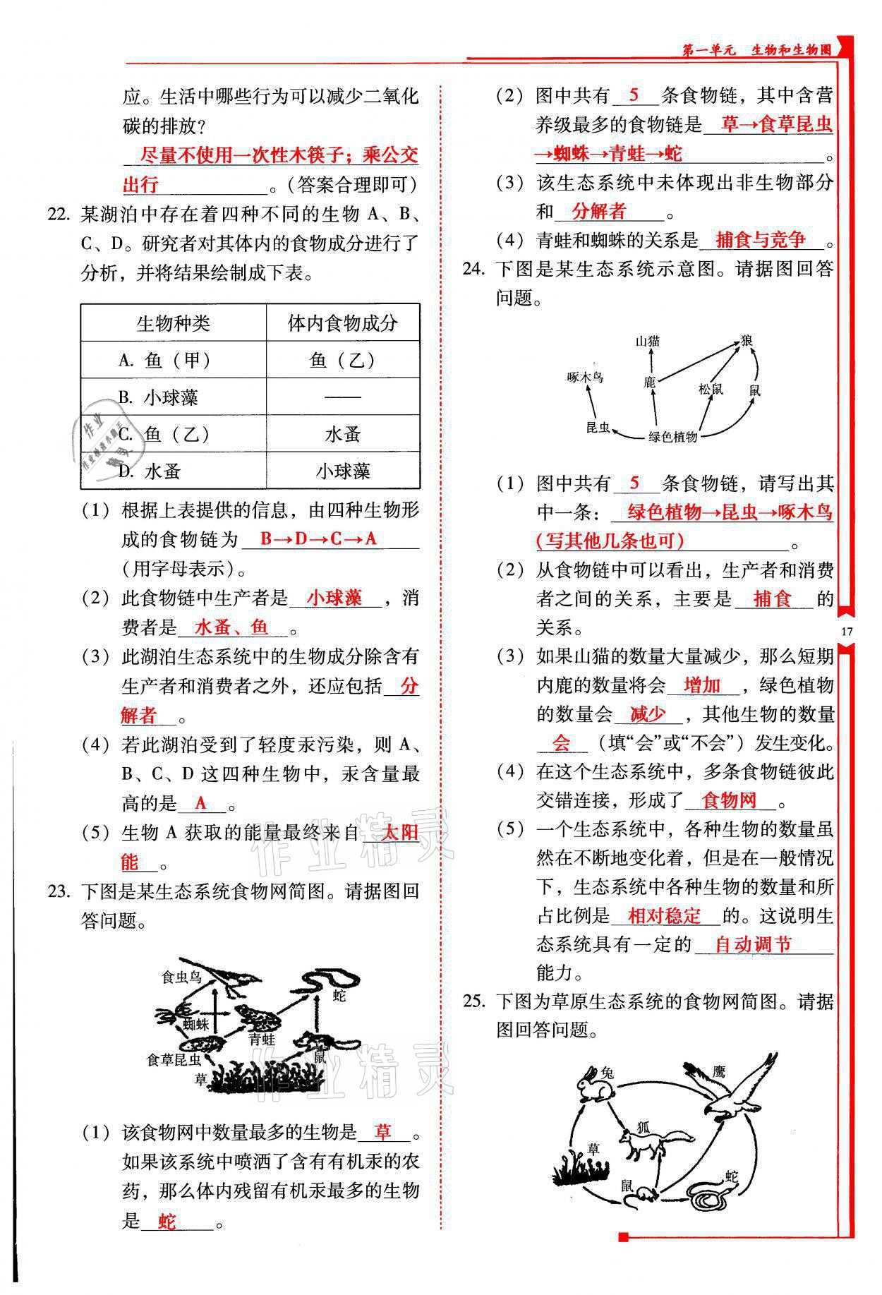 2021年云南省標(biāo)準(zhǔn)教輔優(yōu)佳學(xué)案七年級生物上冊人教版 參考答案第17頁