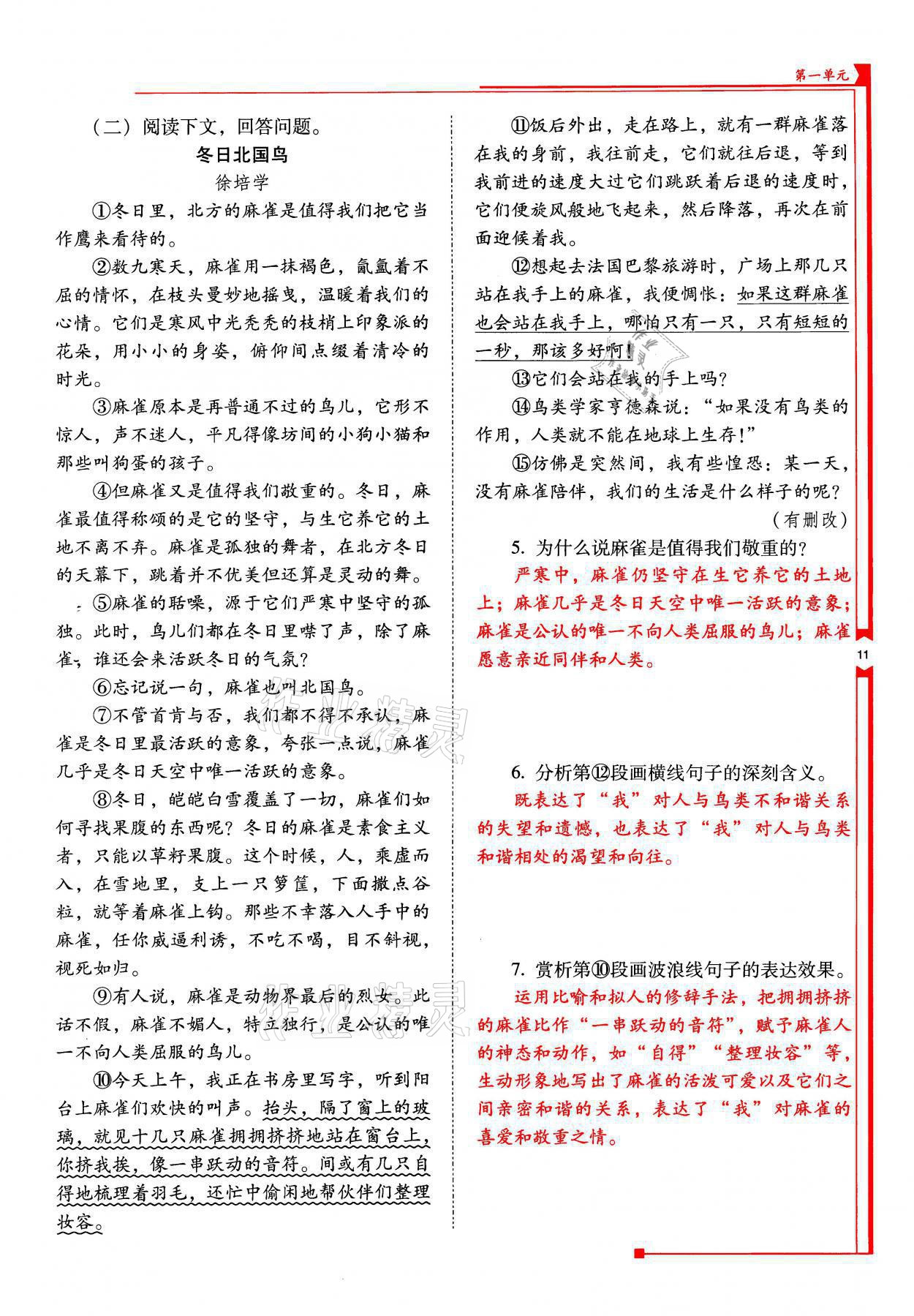 2021年云南省標準教輔優(yōu)佳學案七年級語文上冊人教版 參考答案第11頁