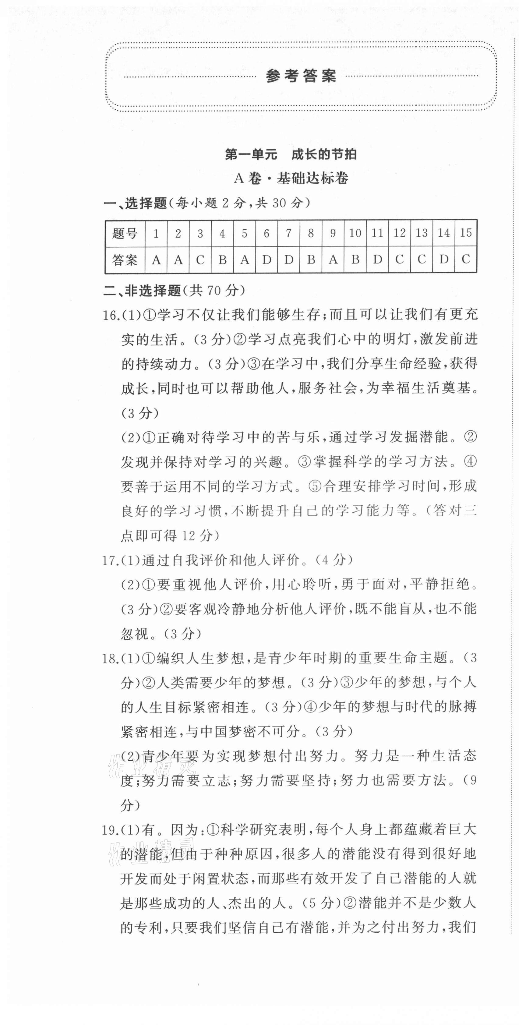 2021年初中同步練習(xí)冊提優(yōu)測試卷七年級道德與法治上冊人教版 第1頁